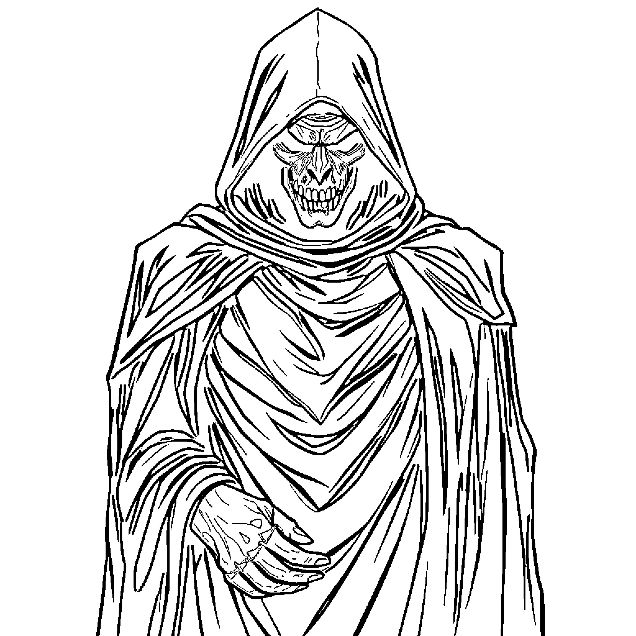 Shadow of the Fearsome Reaper Coloring Page (free black-and-white line drawing printable PDF for all, from beginners to advanced learners, including children, teens, adults, and seniors)