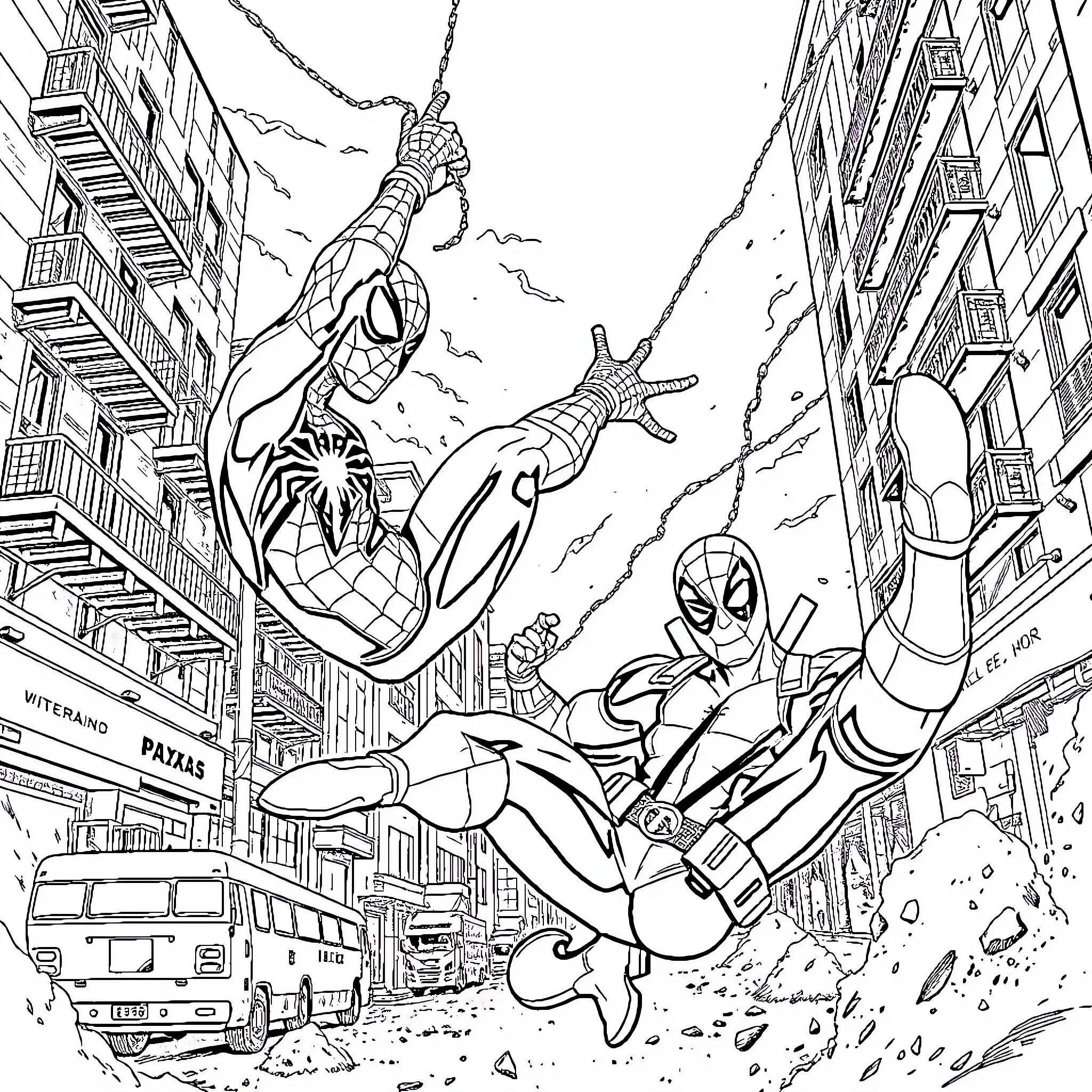 Spider-Man swinging into action over the city Coloring Page (free black-and-white line drawing printable PDF for all, from beginners to advanced learners, including children, teens, adults, and seniors)