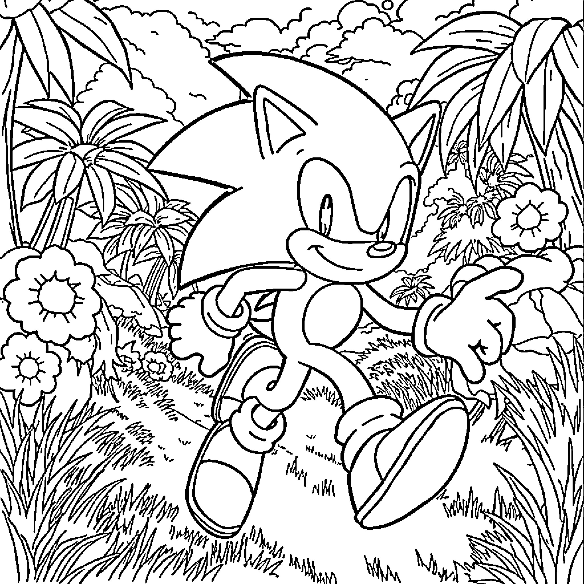 Sonic running through a lush tropical jungle Coloring Page (free black-and-white line drawing printable PDF for all, from beginners to advanced learners, including children, teens, adults, and seniors)