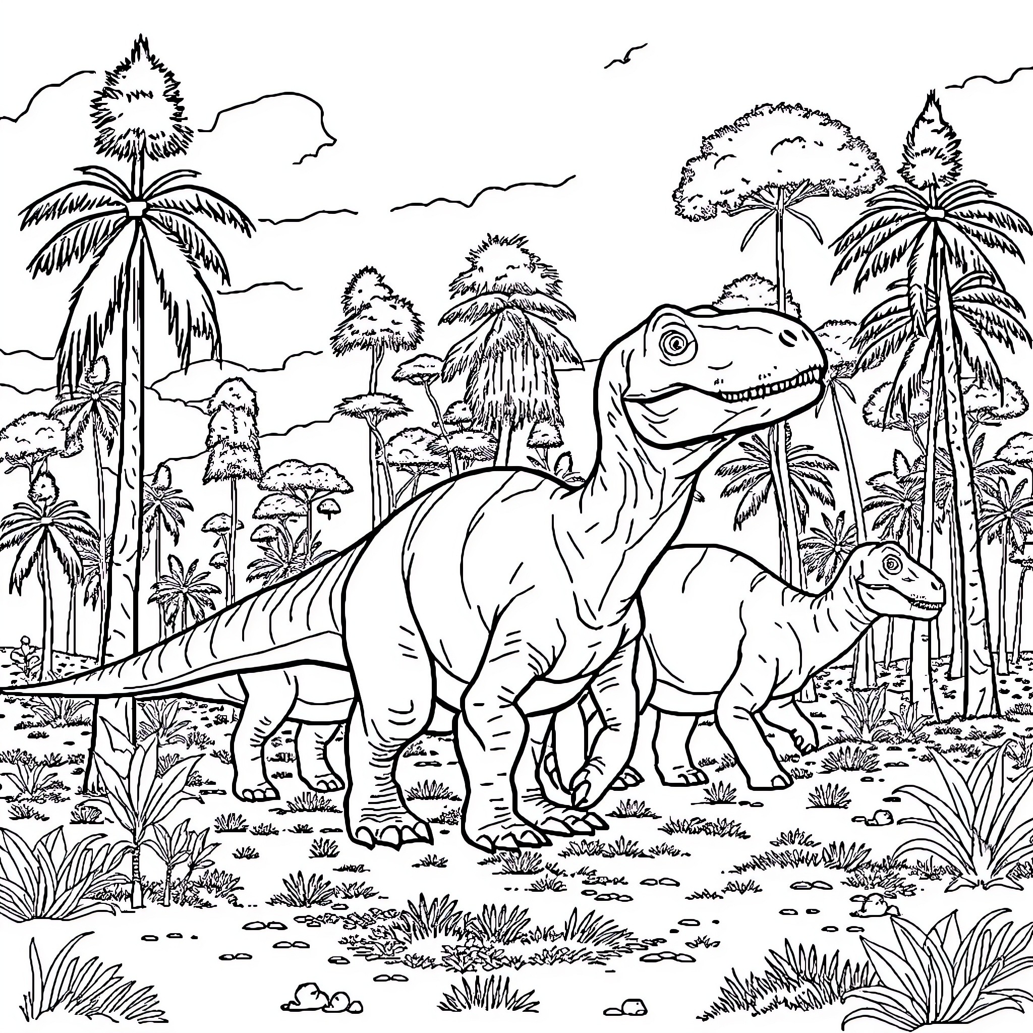 Dinosaur duo exploring lush prehistoric landscape Coloring Page (free black-and-white line drawing printable PDF for all, from beginners to advanced learners, including children, teens, adults, and seniors)