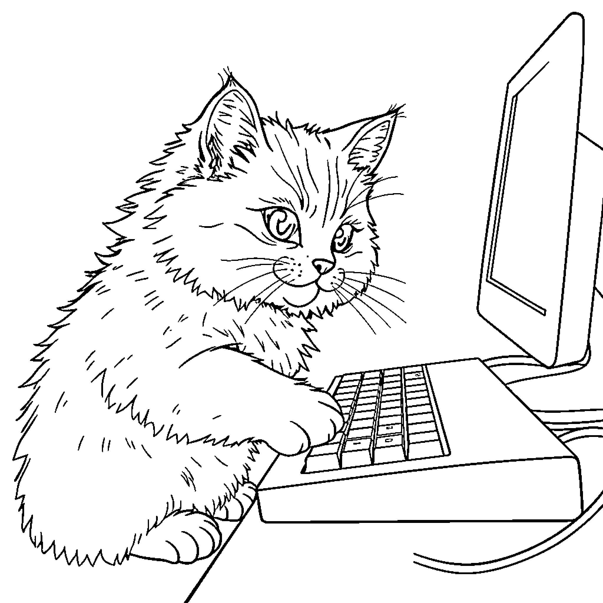 Cat typing intently on a computer Coloring Page (free black-and-white line drawing printable PDF for all, from beginners to advanced learners, including children, teens, adults, and seniors)