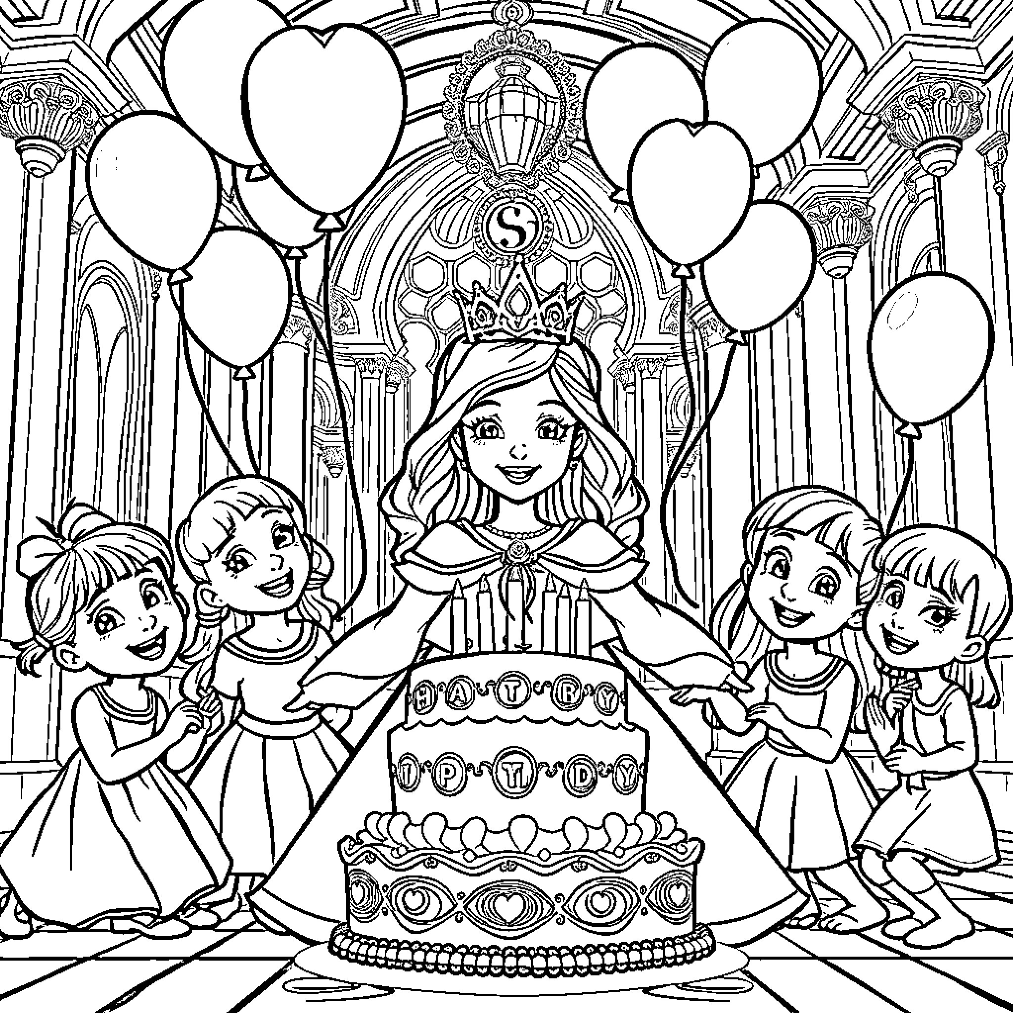 Princess Celebrating Her Birthday with Friends Coloring Page (free black-and-white line drawing printable PDF for all, from beginners to advanced learners, including children, teens, adults, and seniors)