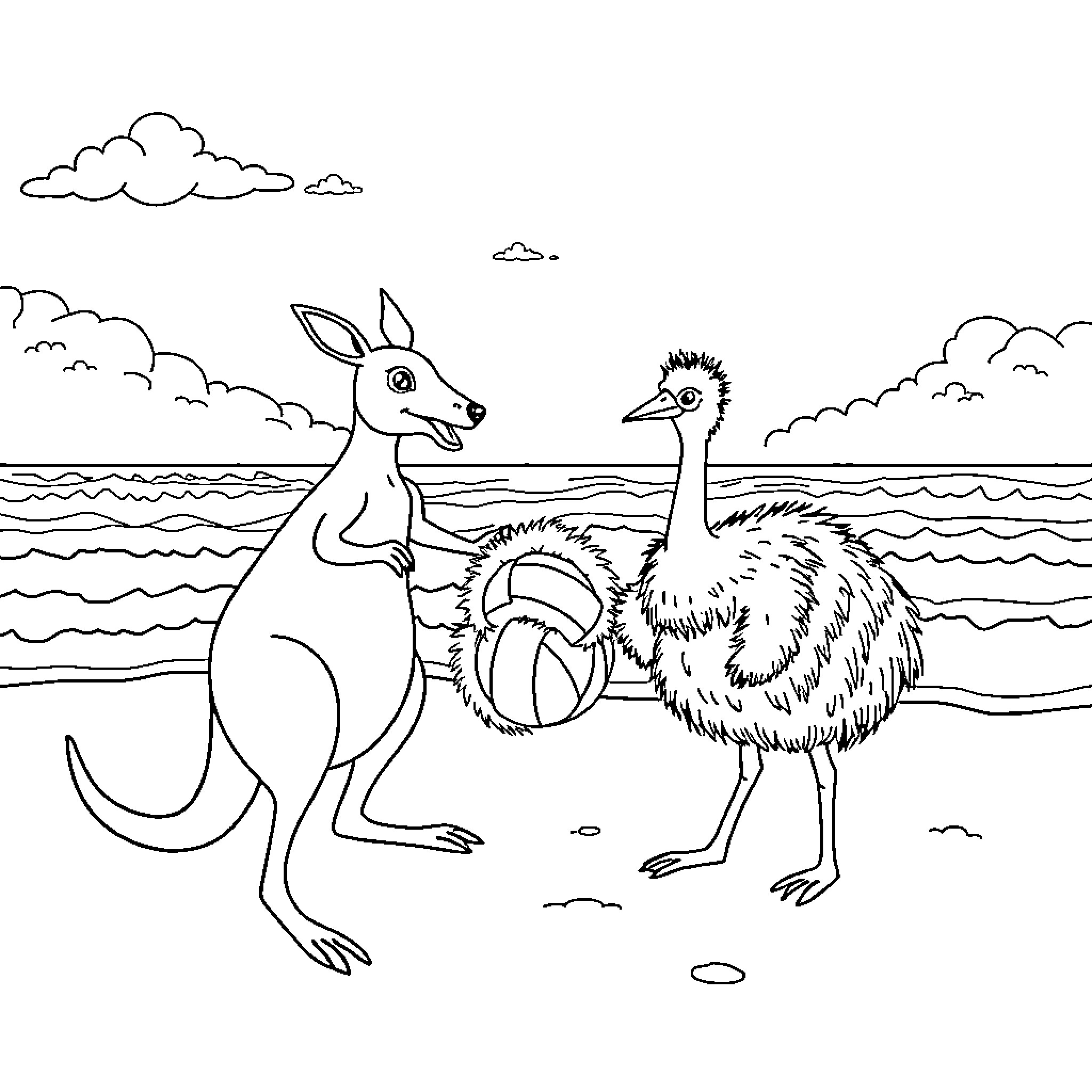 Kangaroo and Ostrich on the Beach Coloring Page (free black-and-white line drawing printable PDF for all, from beginners to advanced learners, including children, teens, adults, and seniors)