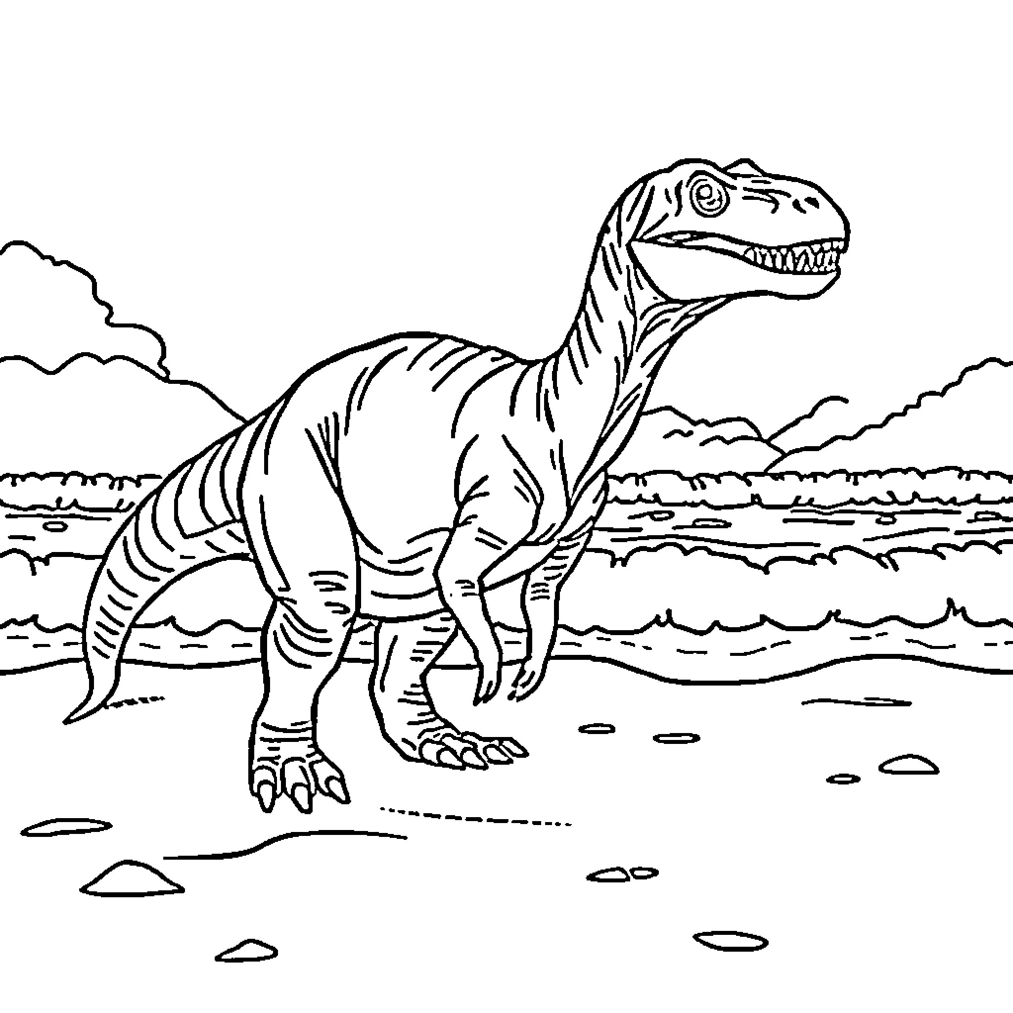 Dinosaur roaming through prehistoric landscape Coloring Page (free black-and-white line drawing printable PDF for all, from beginners to advanced learners, including children, teens, adults, and seniors)