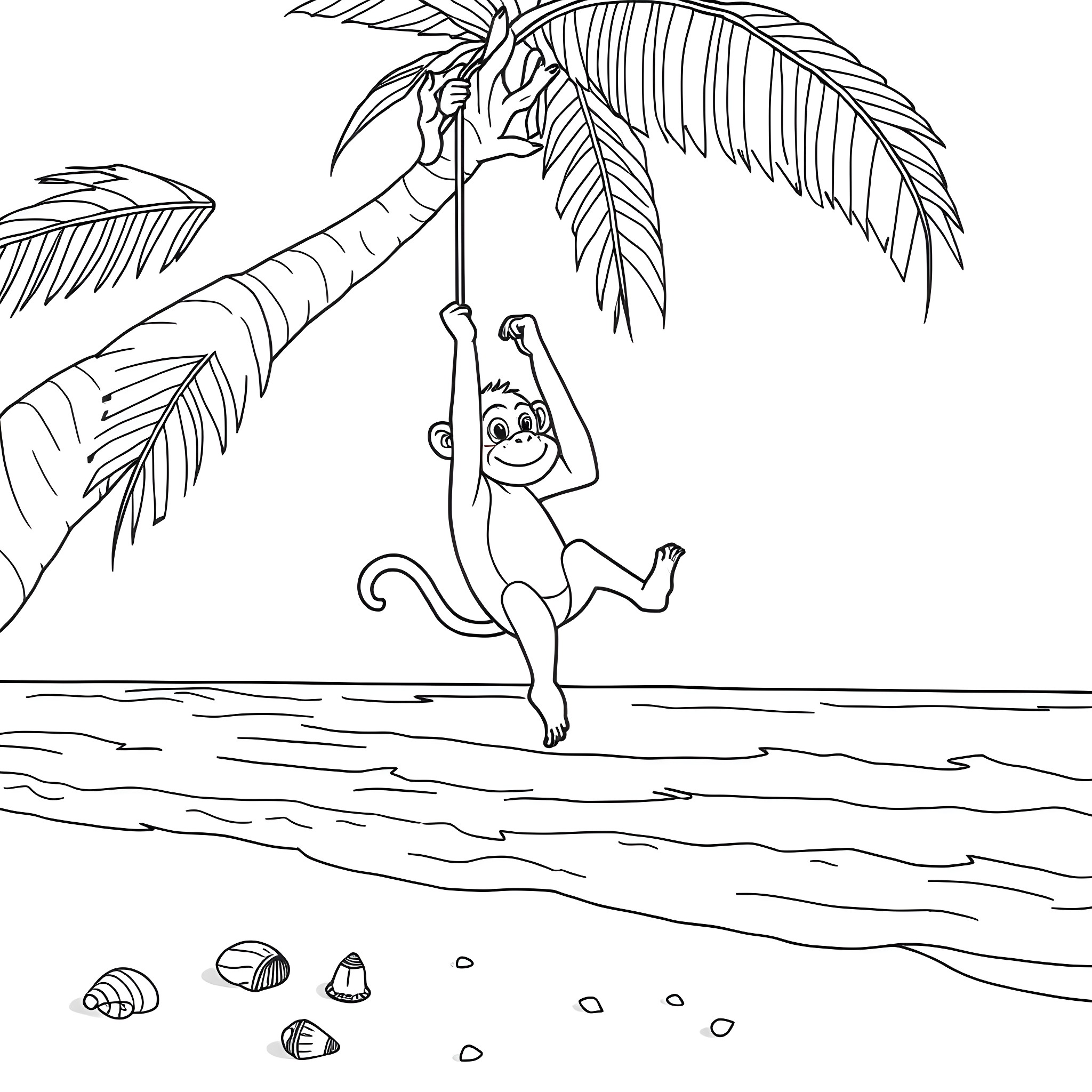 Monkey swinging happily on palm tree Coloring Page (free black-and-white line drawing printable PDF for all, from beginners to advanced learners, including children, teens, adults, and seniors)