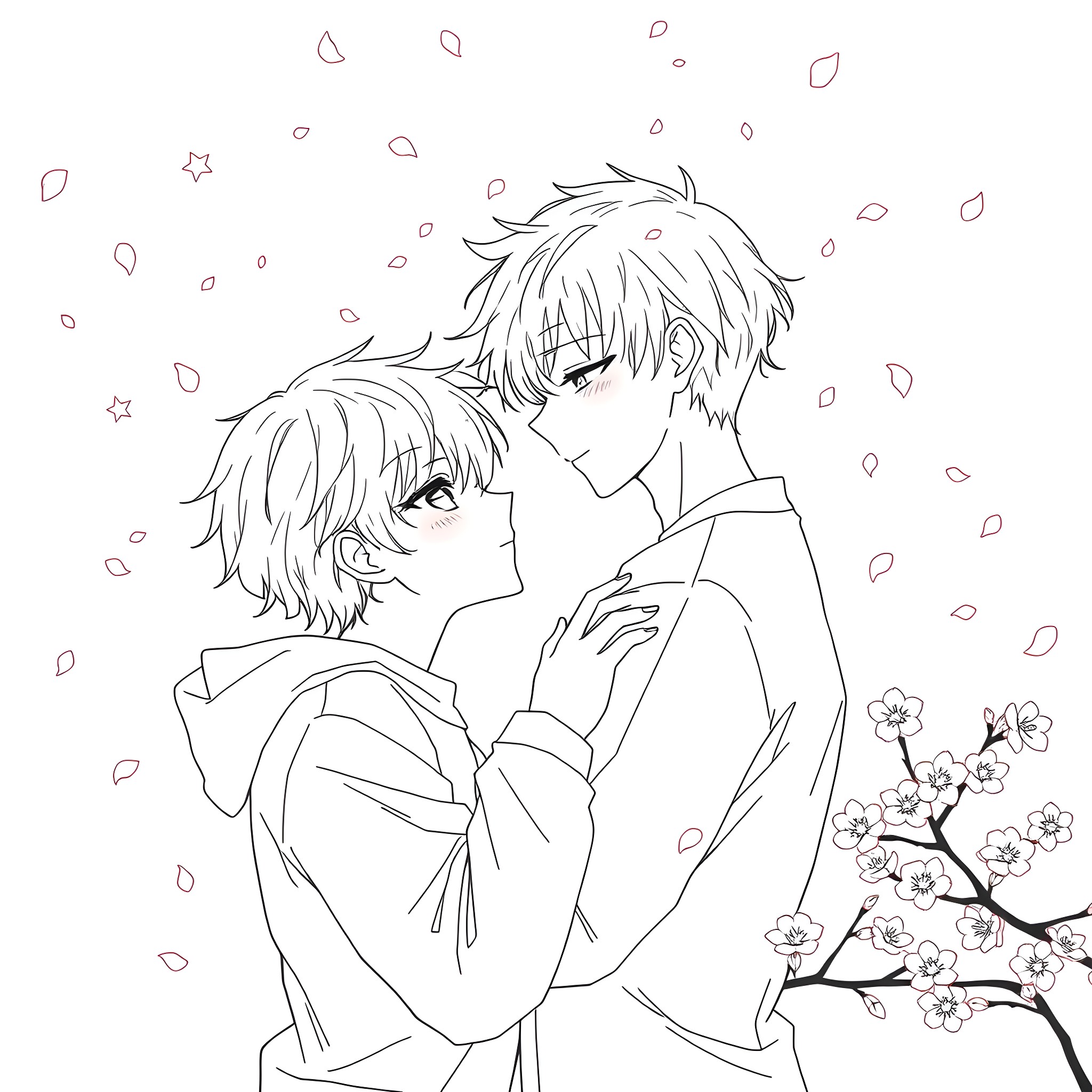 Anime Boy Sharing Gentle Moment Amid Falling Petals Coloring Page (free black-and-white line drawing printable PDF for all, from beginners to advanced learners, including children, teens, adults, and seniors)