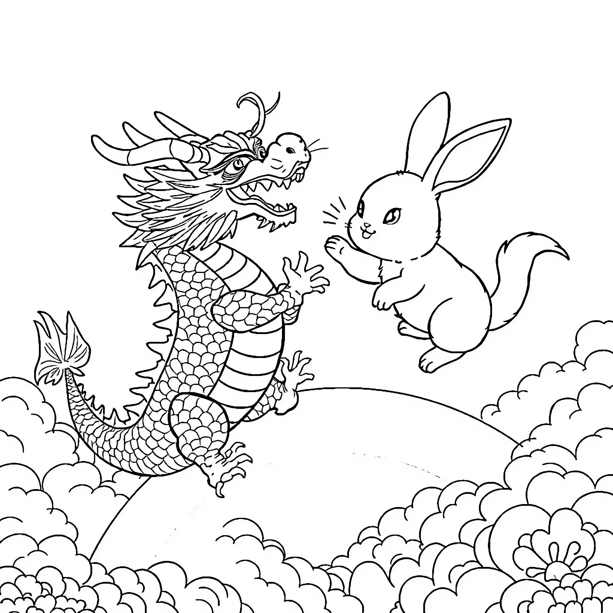Dragon and Rabbit Encounter in the Clouds Coloring Page (free black-and-white line drawing printable PDF for all, from beginners to advanced learners, including children, teens, adults, and seniors)