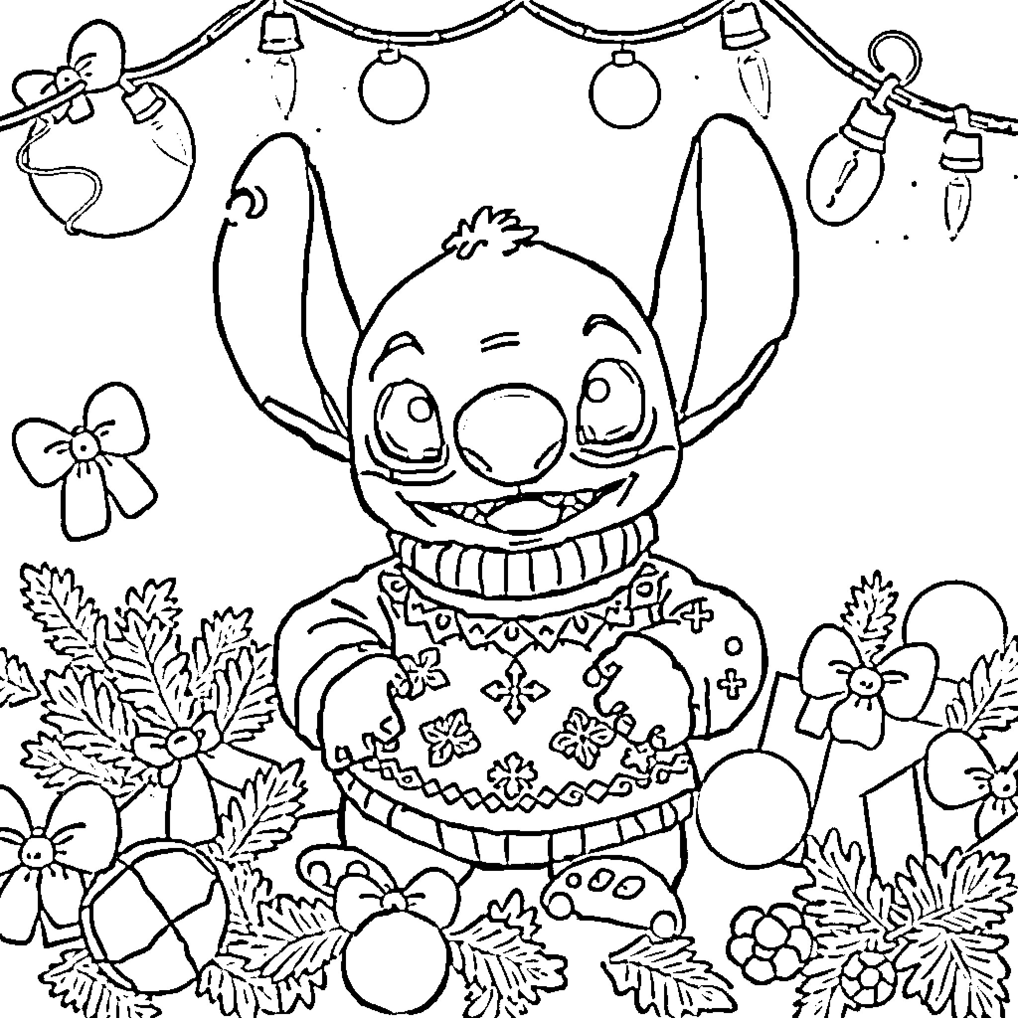 Stitch Surrounded by Vibrant Floral Decorations Coloring Page (free black-and-white line drawing printable PDF for all, from beginners to advanced learners, including children, teens, adults, and seniors)