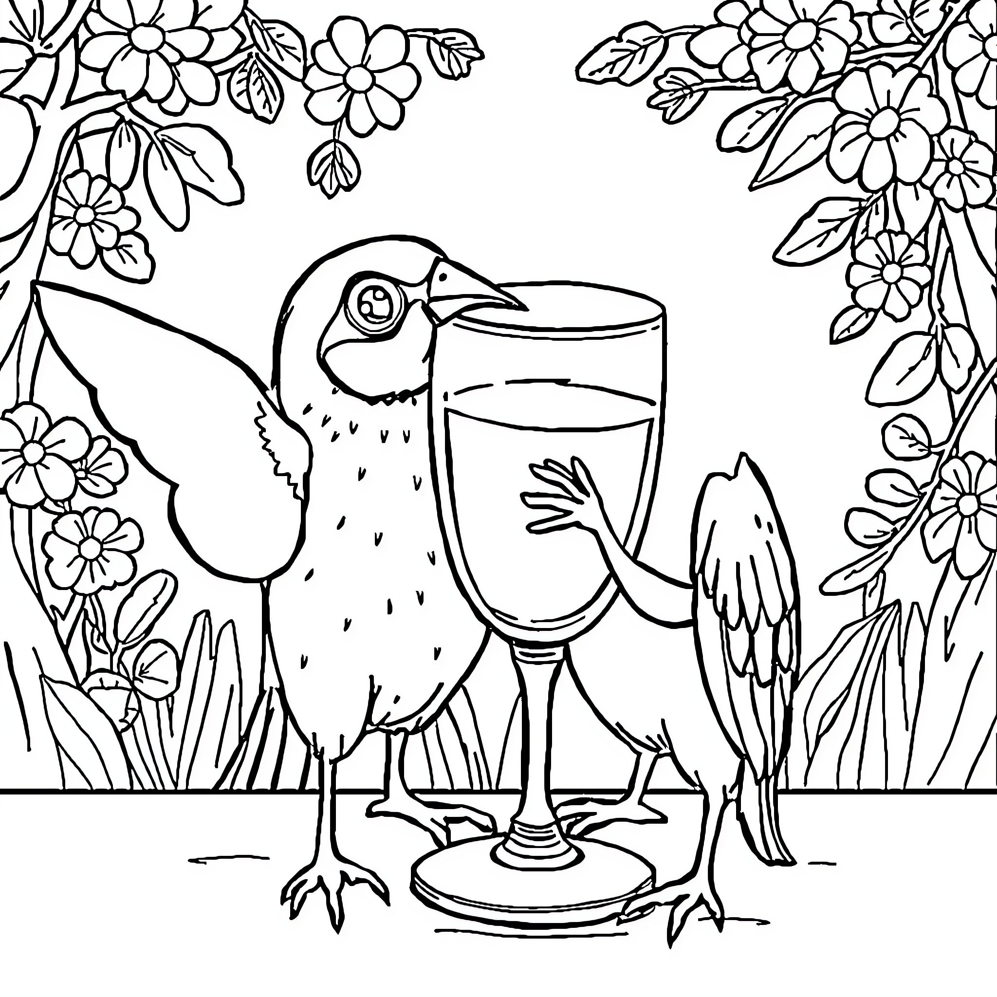 Worsten Whimsical Bird and Floral Artwork Coloring Page (free black-and-white line drawing printable PDF for all, from beginners to advanced learners, including children, teens, adults, and seniors)