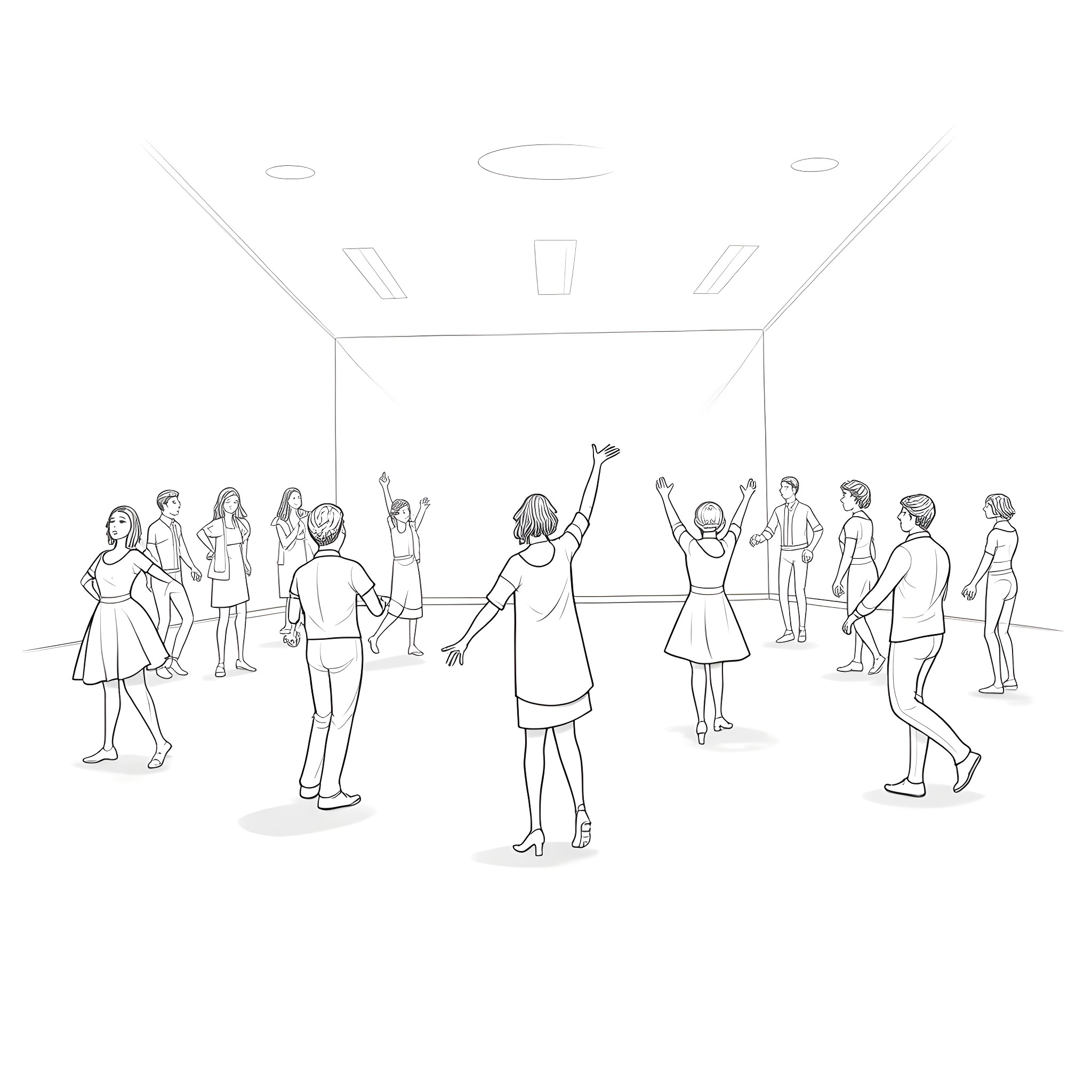 Dance Floor with Energetic Performers Coloring Page (free black-and-white line drawing printable PDF for all, from beginners to advanced learners, including children, teens, adults, and seniors)