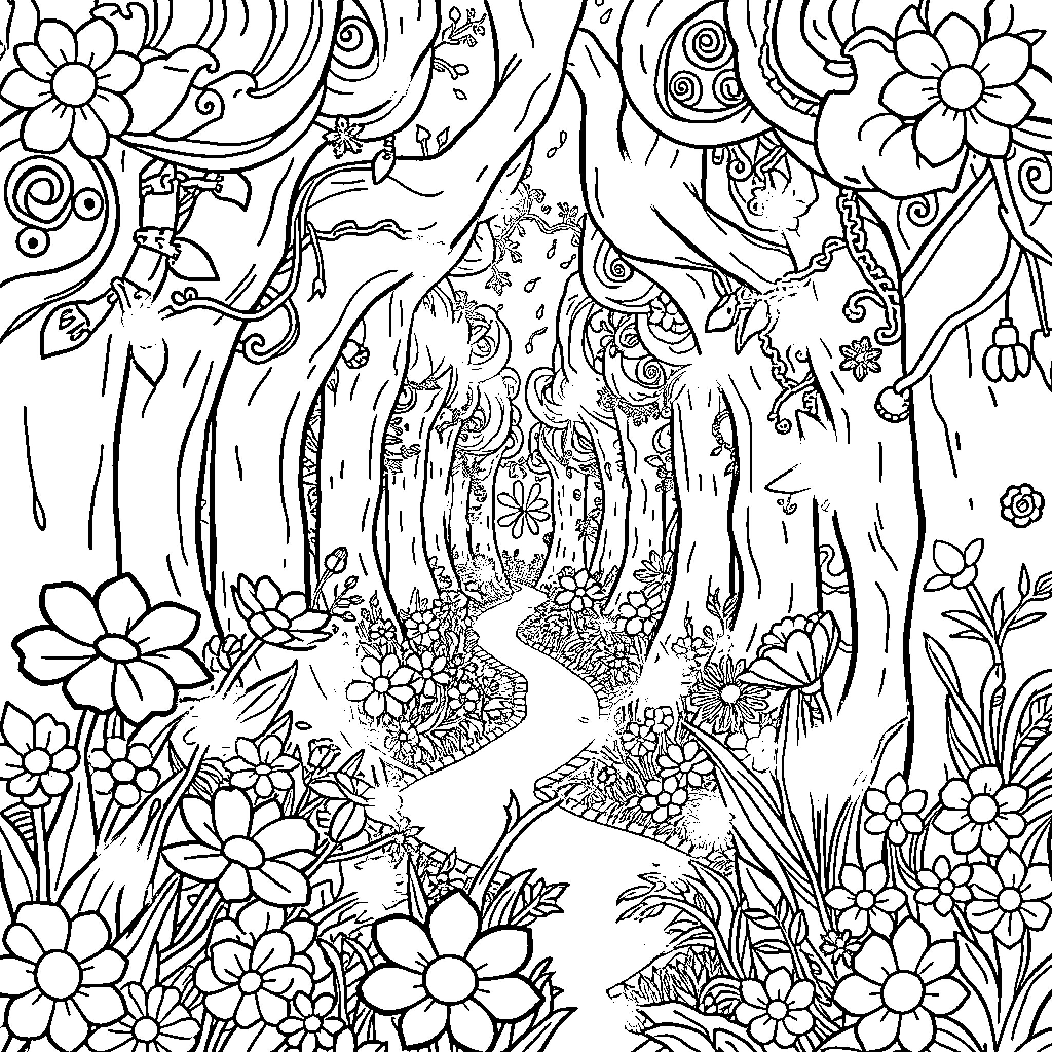 Fairy Forest with Enchanting Foliage and Blooms Coloring Page (free black-and-white line drawing printable PDF for all, from beginners to advanced learners, including children, teens, adults, and seniors)