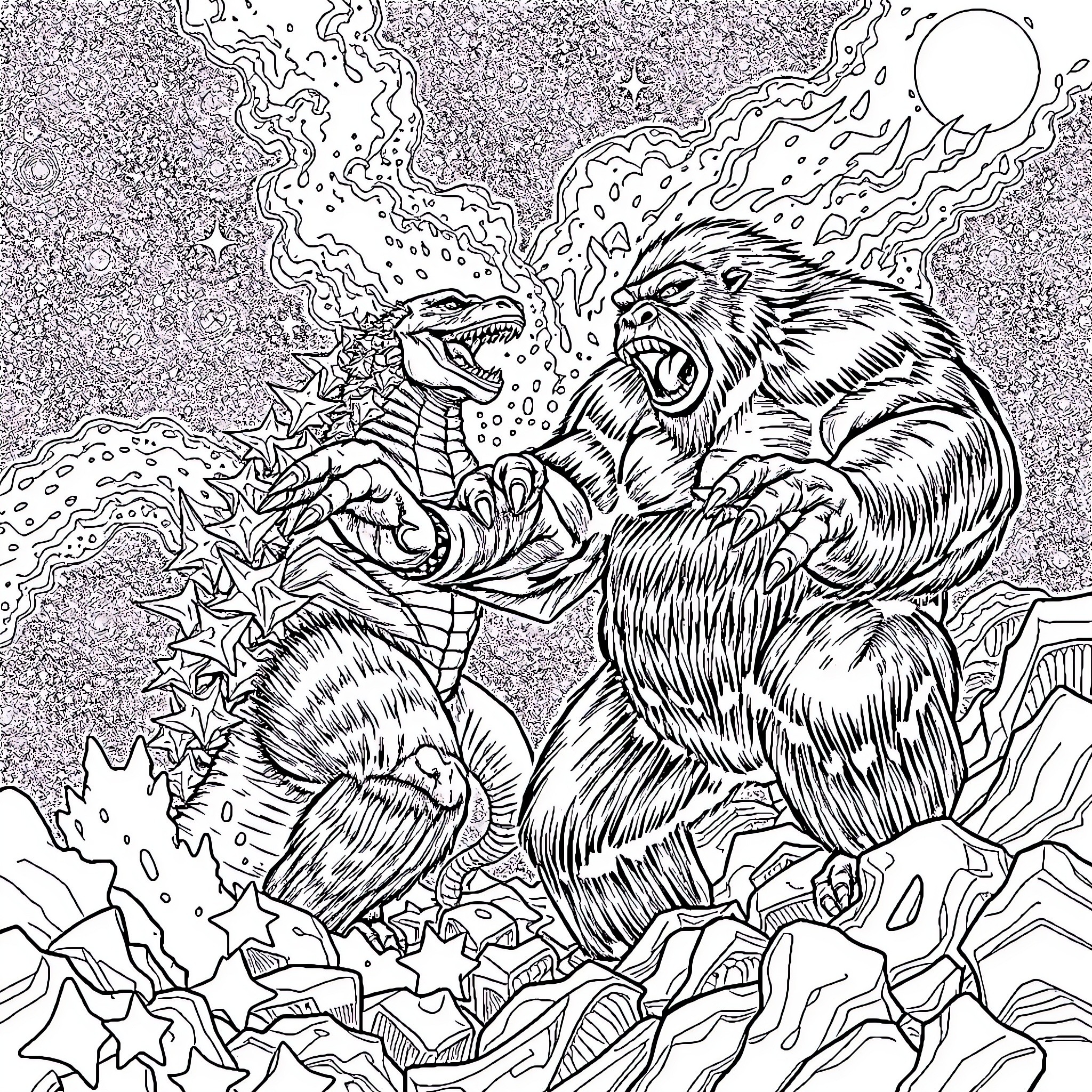 Godzilla vs. Fearsome Ape in Colossal Battle Coloring Page (free black-and-white line drawing printable PDF for all, from beginners to advanced learners, including children, teens, adults, and seniors)