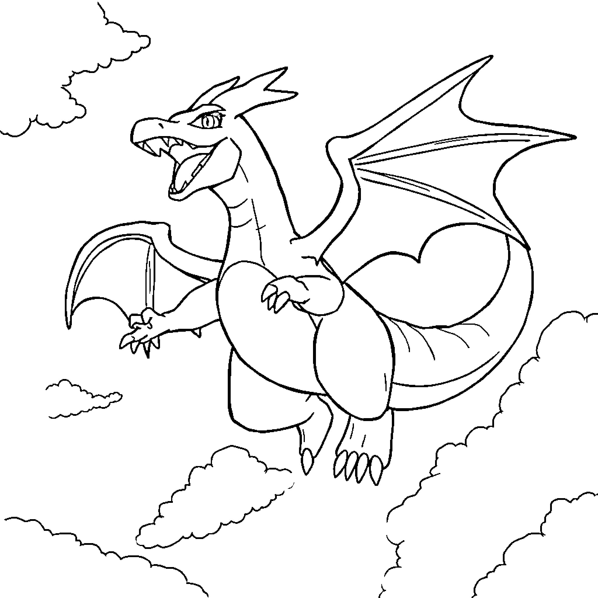 Charizard soaring through the sky Coloring Page (free black-and-white line drawing printable PDF for all, from beginners to advanced learners, including children, teens, adults, and seniors)
