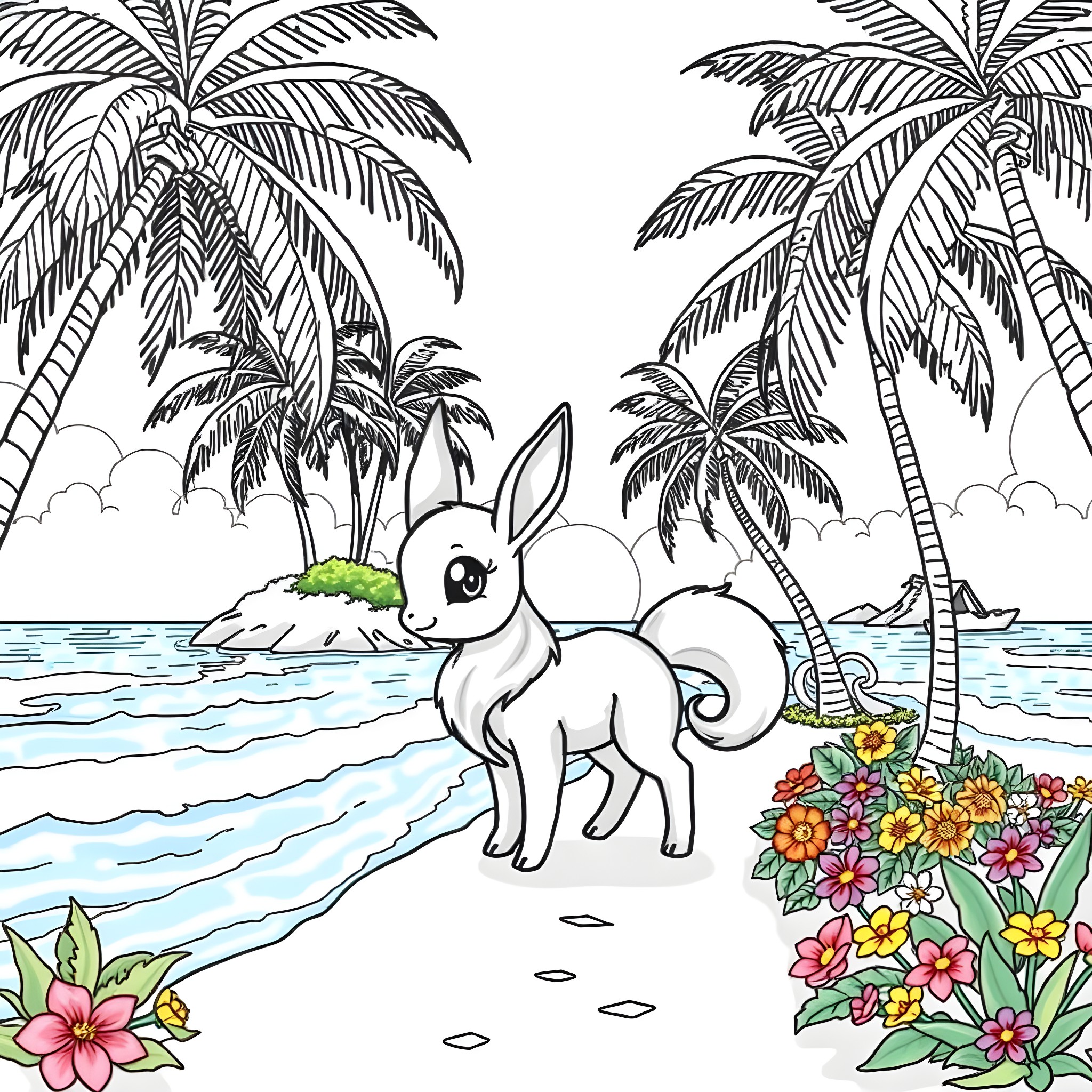 Eevee playing happily on a tropical beach Coloring Page (free black-and-white line drawing printable PDF for all, from beginners to advanced learners, including children, teens, adults, and seniors)