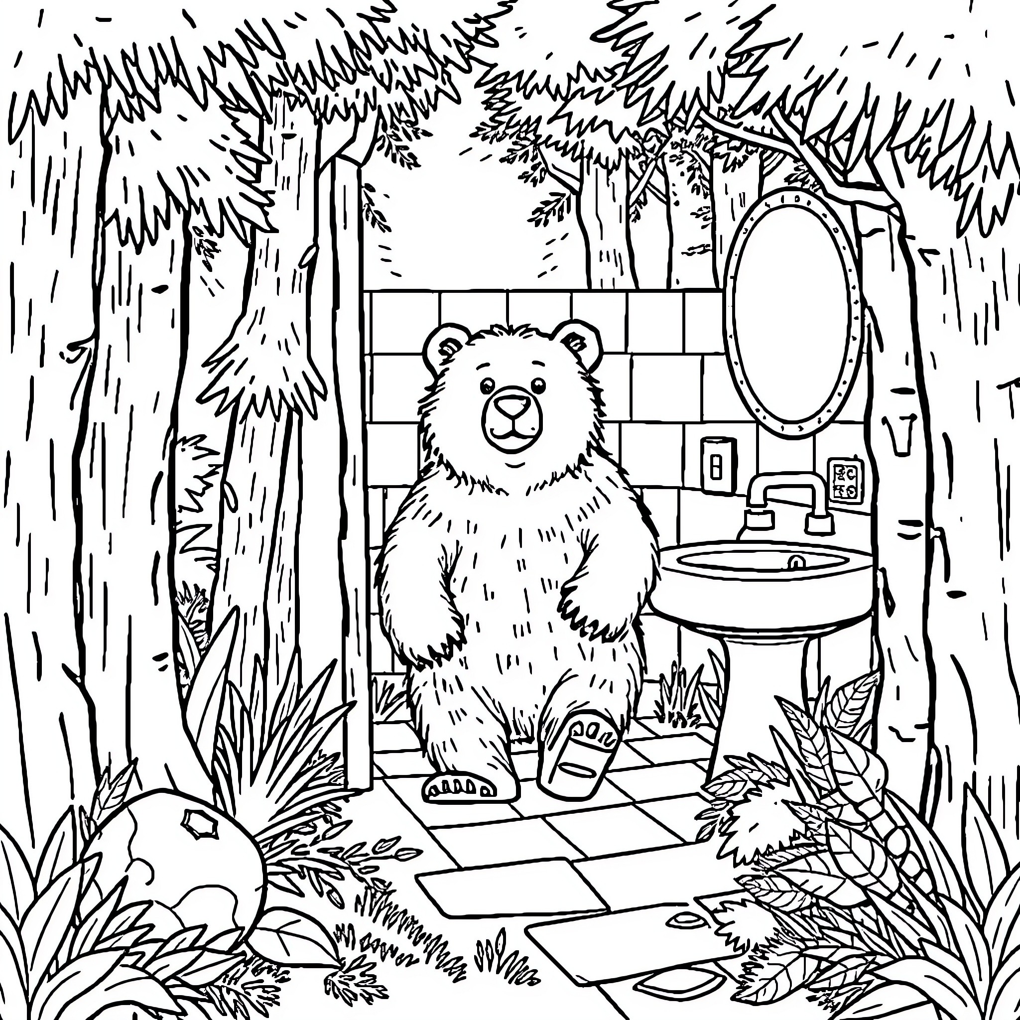 Bear exploring bathroom in forest Coloring Page (free black-and-white line drawing printable PDF for all, from beginners to advanced learners, including children, teens, adults, and seniors)