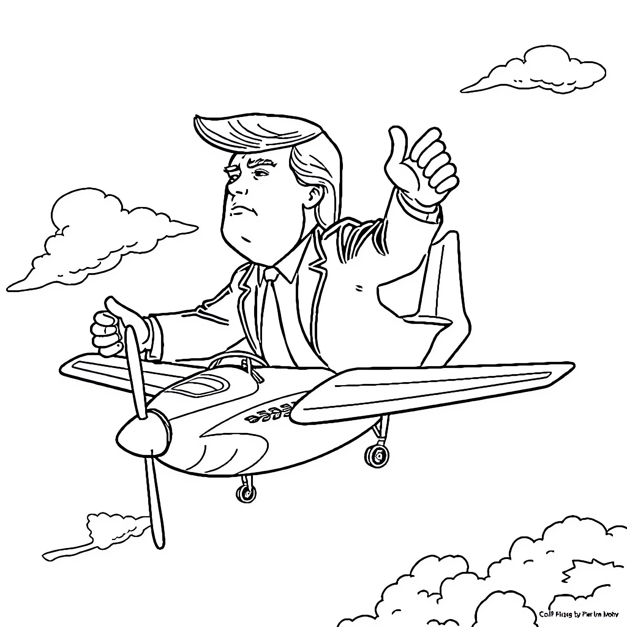 Trump Soaring in Private Jet Amid Clouds Coloring Page (free black-and-white line drawing printable PDF for all, from beginners to advanced learners, including children, teens, adults, and seniors)