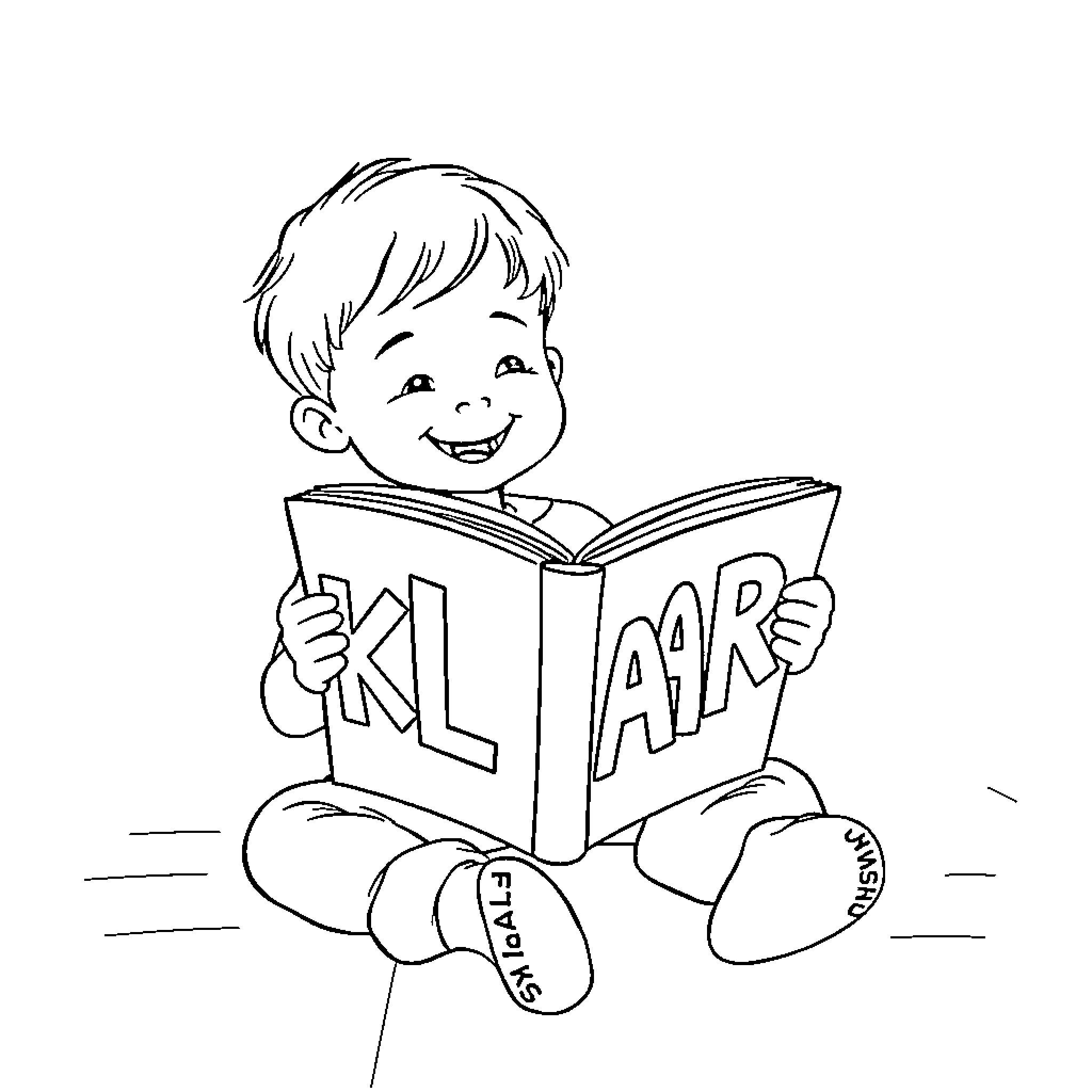 Child reading a book with enthusiasm Coloring Page (free black-and-white line drawing printable PDF for all, from beginners to advanced learners, including children, teens, adults, and seniors)