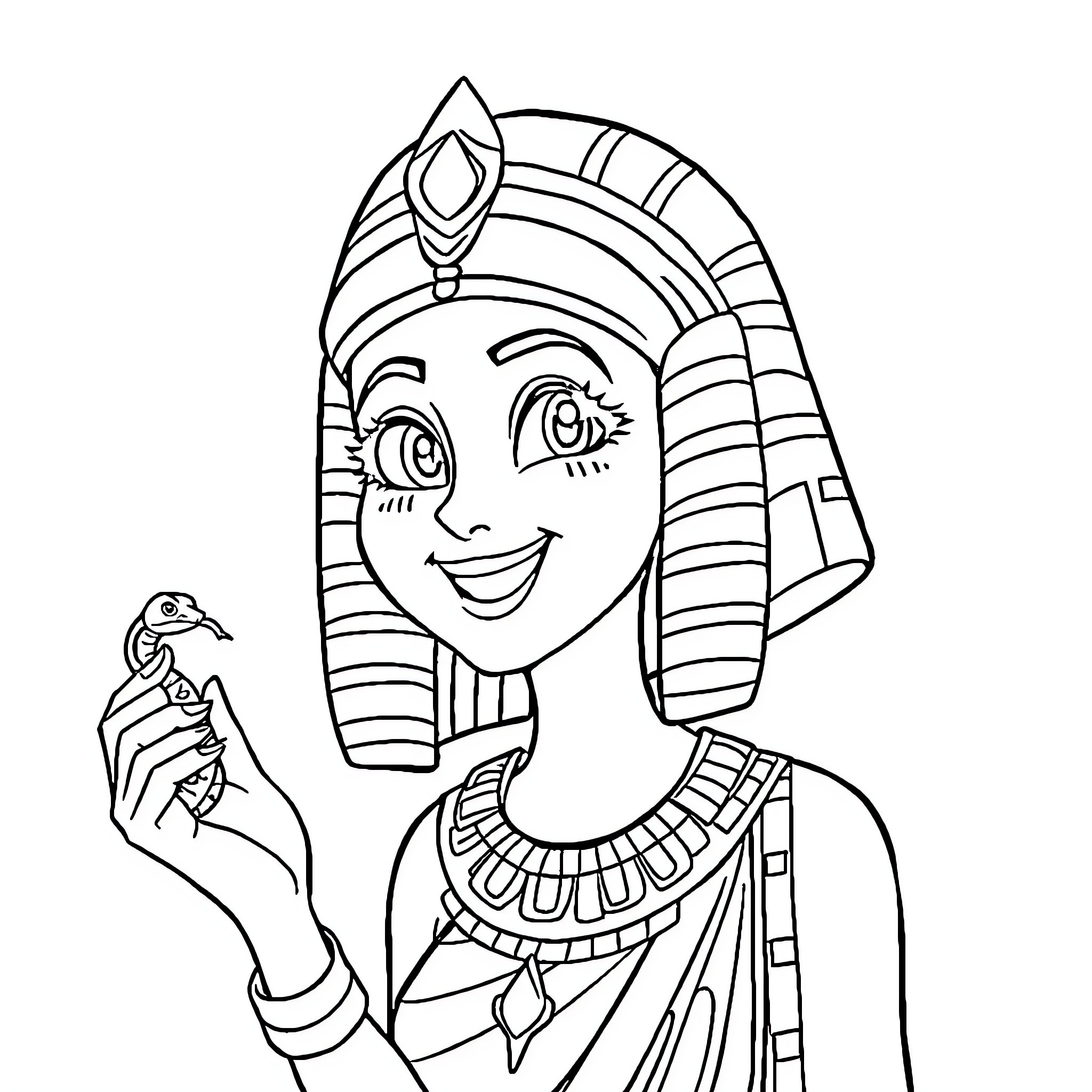 Cleopatra in Elegant Egyptian Attire Coloring Page (free black-and-white line drawing printable PDF for all, from beginners to advanced learners, including children, teens, adults, and seniors)