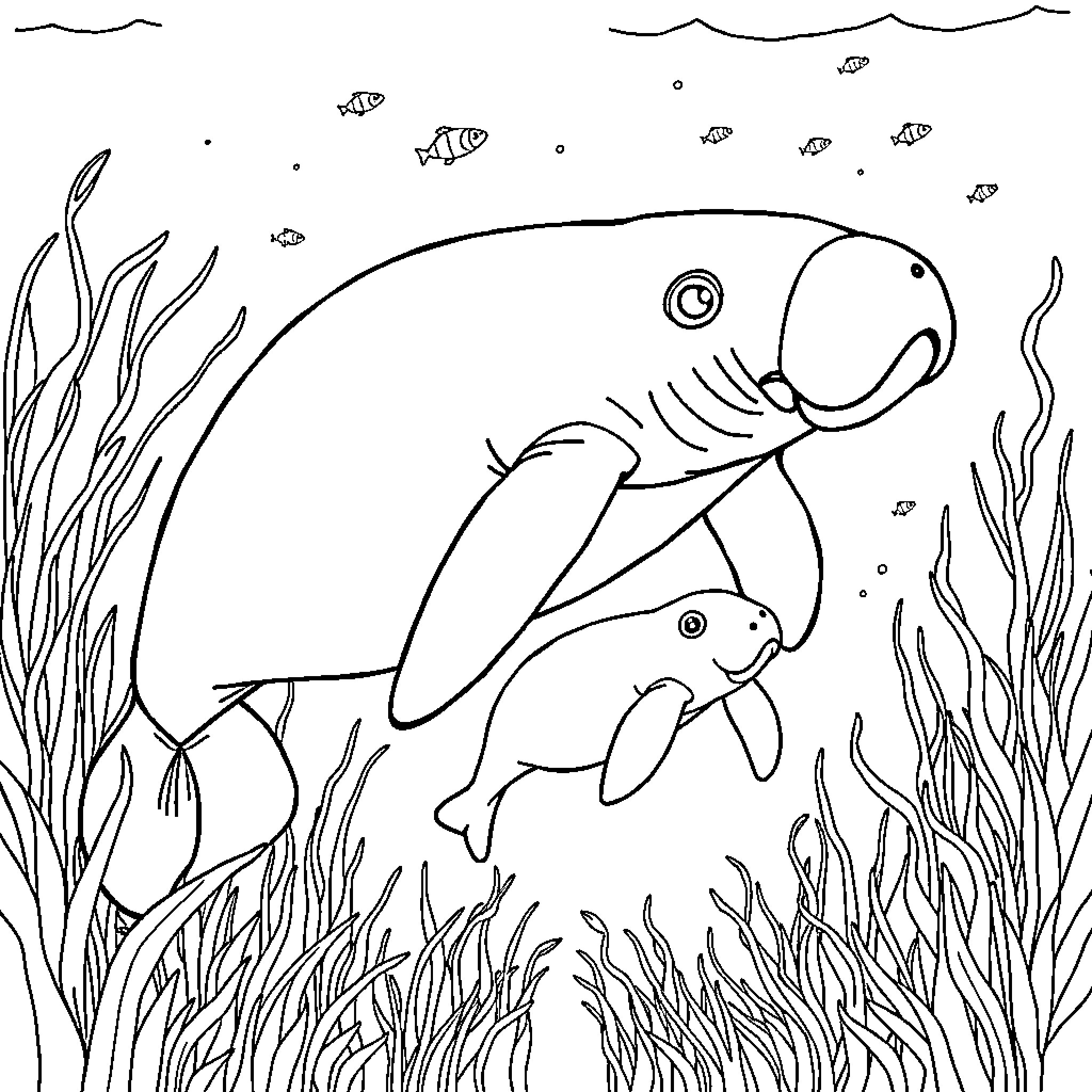 Manatee swimming with smaller fish in the ocean Coloring Page (free black-and-white line drawing printable PDF for all, from beginners to advanced learners, including children, teens, adults, and seniors)