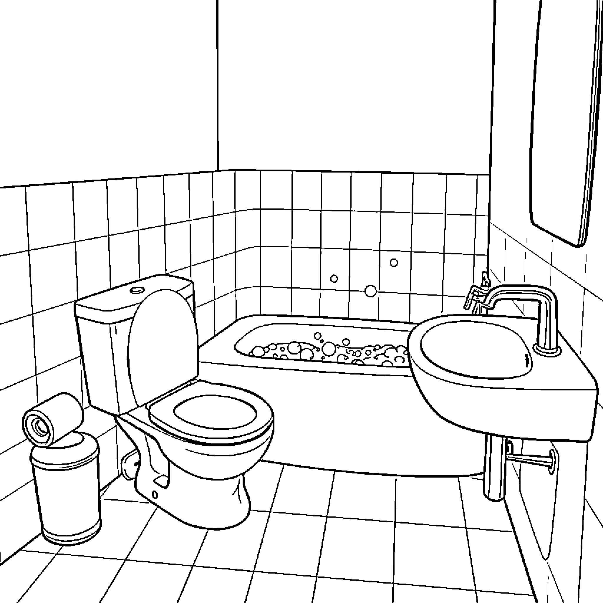Bathroom with Fixtures and Furnishings Coloring Page (free black-and-white line drawing printable PDF for all, from beginners to advanced learners, including children, teens, adults, and seniors)