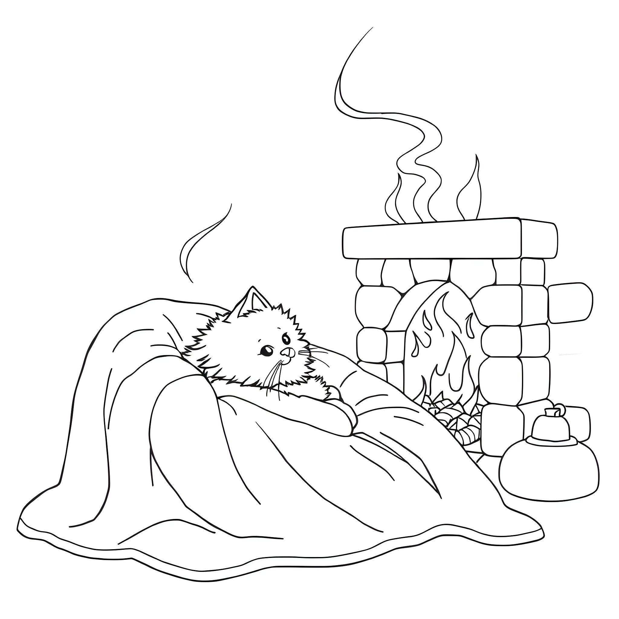 Cat relaxing by the fireplace Coloring Page (free black-and-white line drawing printable PDF for all, from beginners to advanced learners, including children, teens, adults, and seniors)