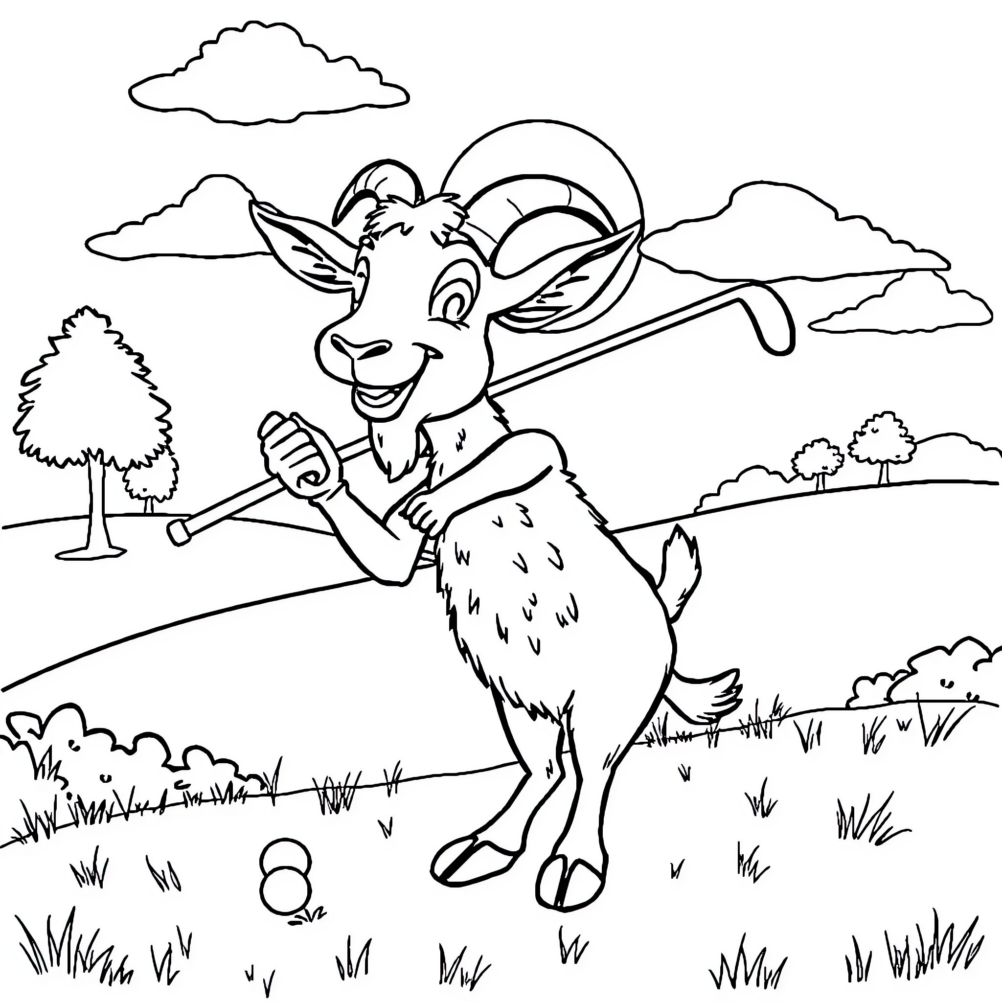 Goat playing happily in the countryside Coloring Page (free black-and-white line drawing printable PDF for all, from beginners to advanced learners, including children, teens, adults, and seniors)