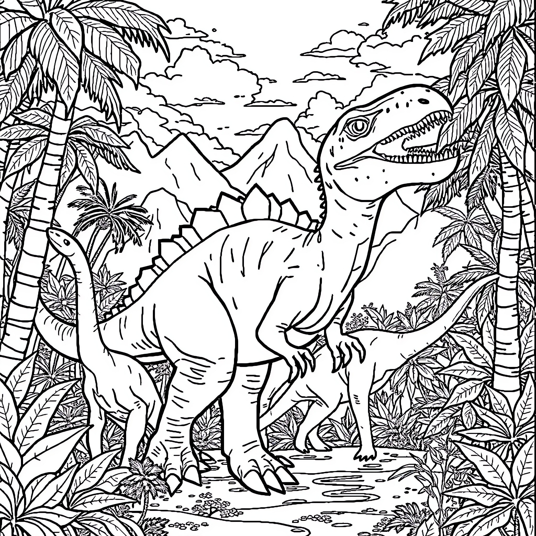 Dinosaur stomping through a lush jungle landscape Coloring Page (free black-and-white line drawing printable PDF for all, from beginners to advanced learners, including children, teens, adults, and seniors)