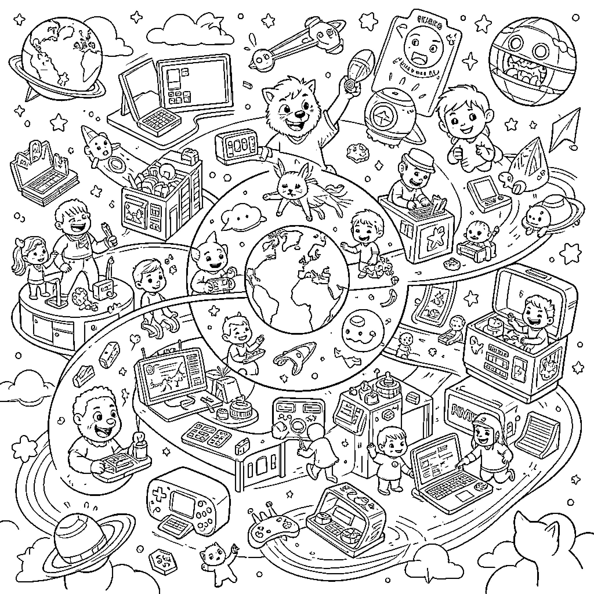 Game of Technology and Exploration Coloring Page (free black-and-white line drawing printable PDF for all, from beginners to advanced learners, including children, teens, adults, and seniors)