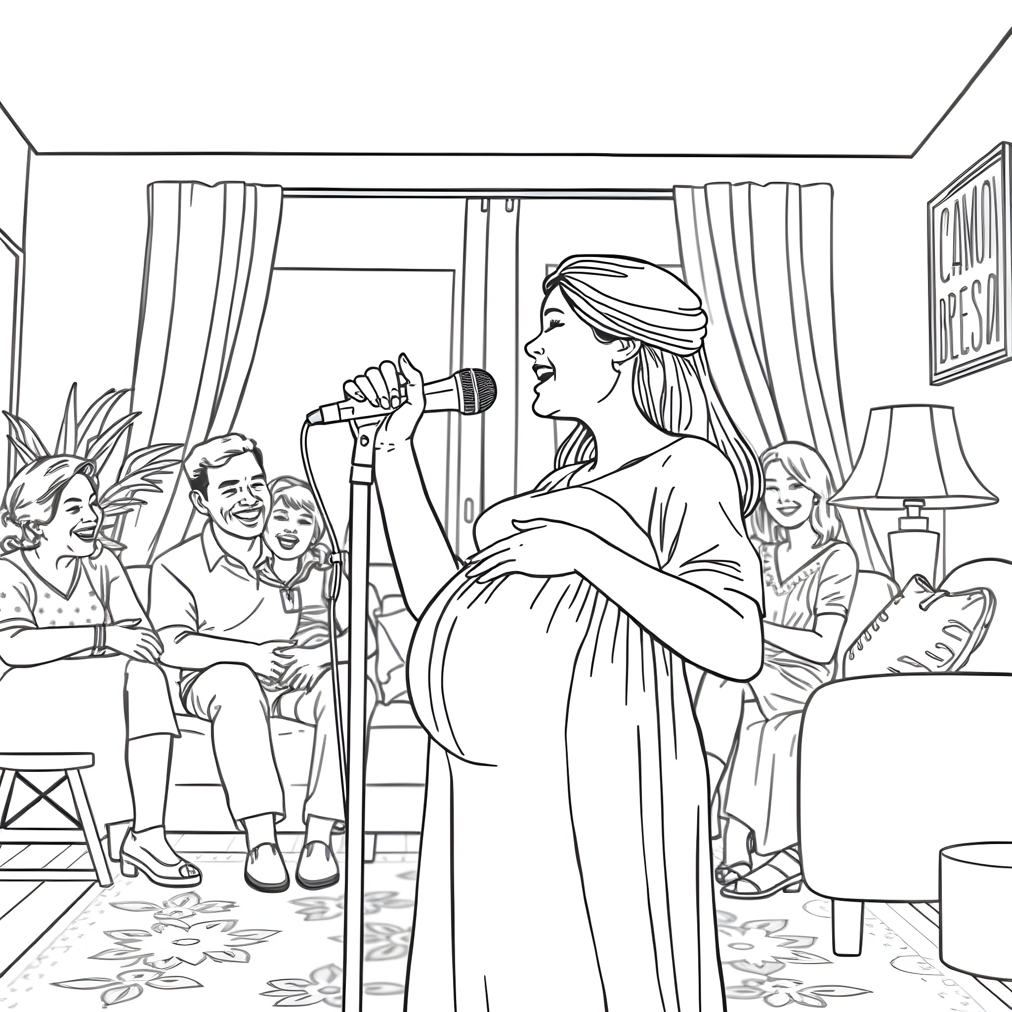 Woman performing on stage with family audience Coloring Page (free black-and-white line drawing printable PDF for all, from beginners to advanced learners, including children, teens, adults, and seniors)