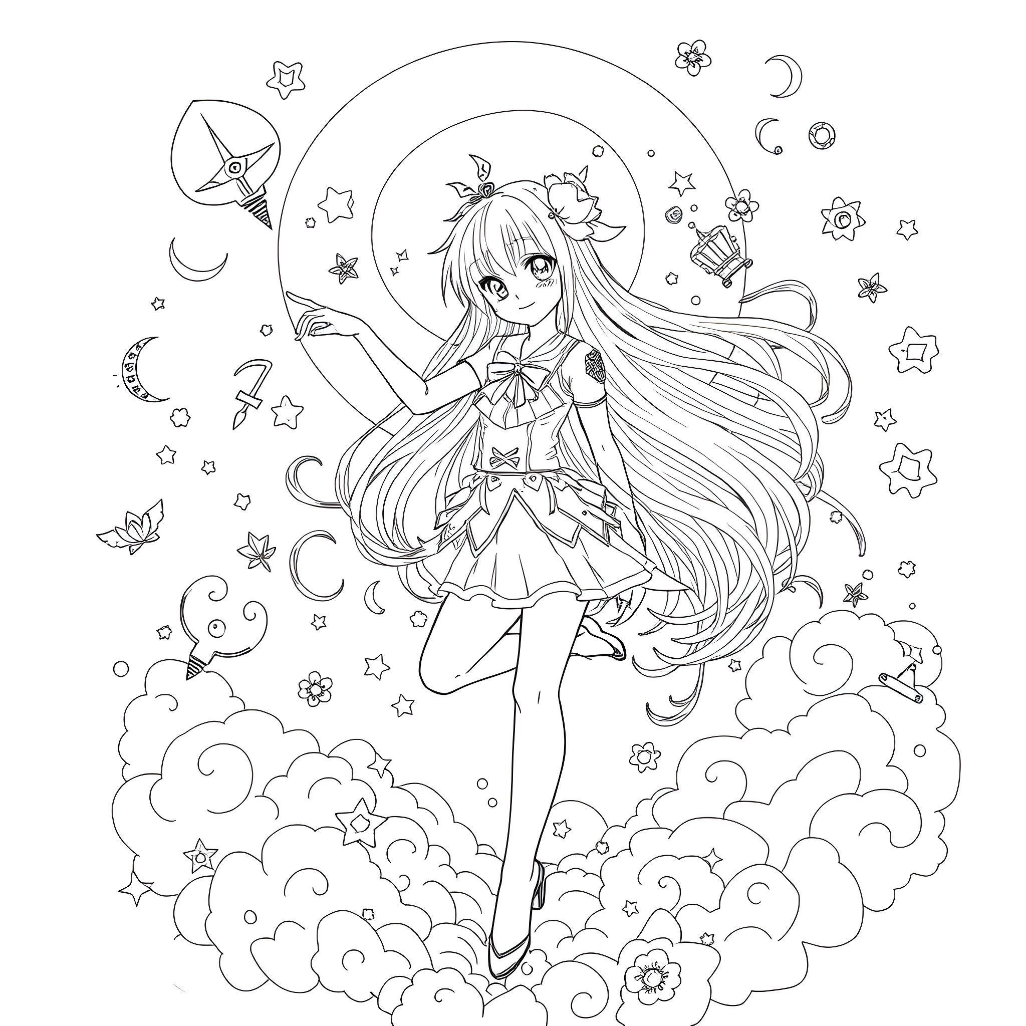 Anime Girl in Magical Fairy-like Outfit Coloring Page (free black-and-white line drawing printable PDF for all, from beginners to advanced learners, including children, teens, adults, and seniors)