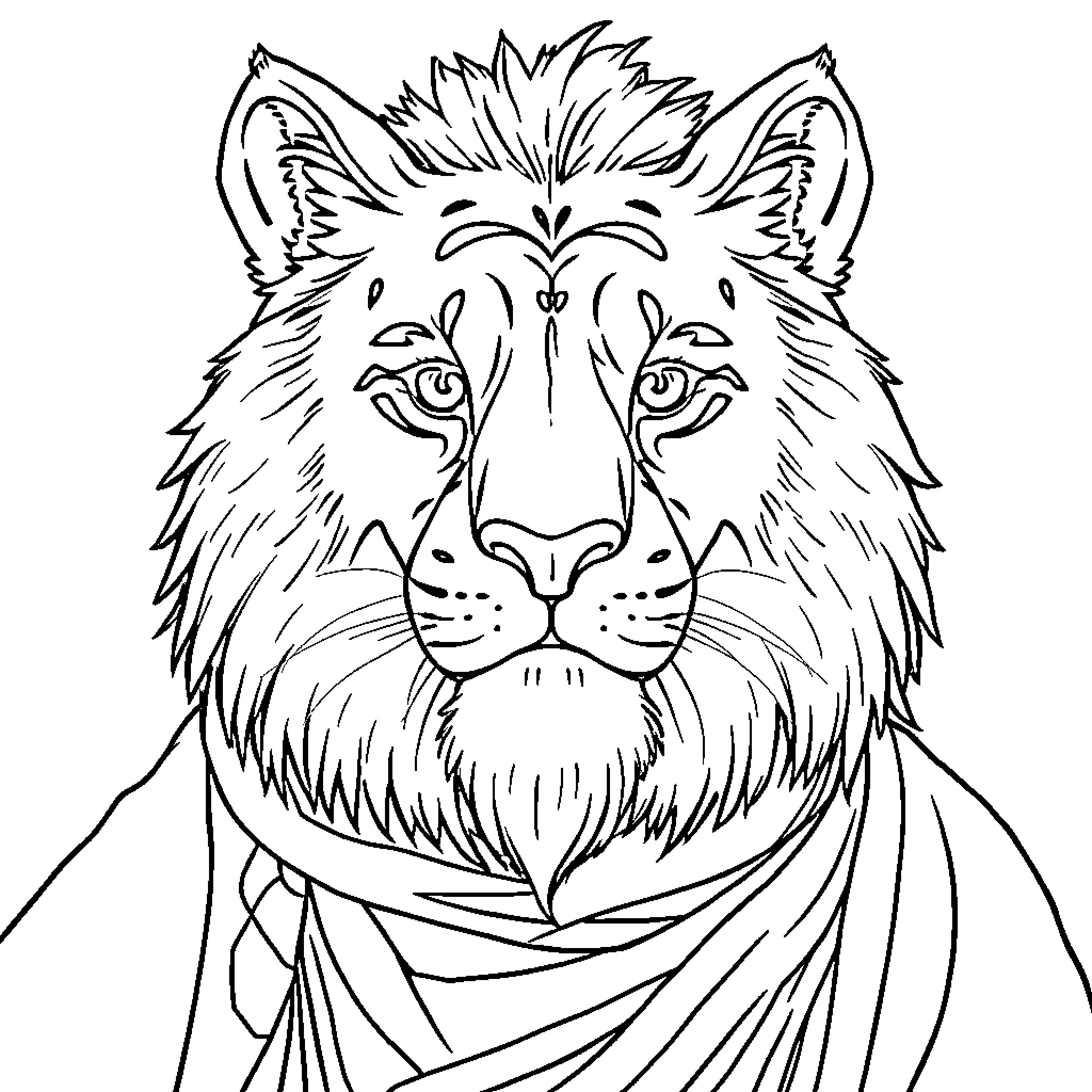 Clown lion with regal attire Coloring Page (free black-and-white line drawing printable PDF for all, from beginners to advanced learners, including children, teens, adults, and seniors)