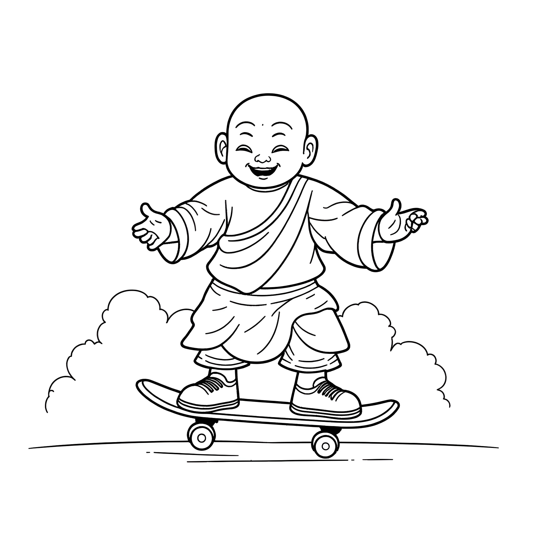 Buddha riding a skateboard with a joyful expression Coloring Page (free black-and-white line drawing printable PDF for all, from beginners to advanced learners, including children, teens, adults, and seniors)