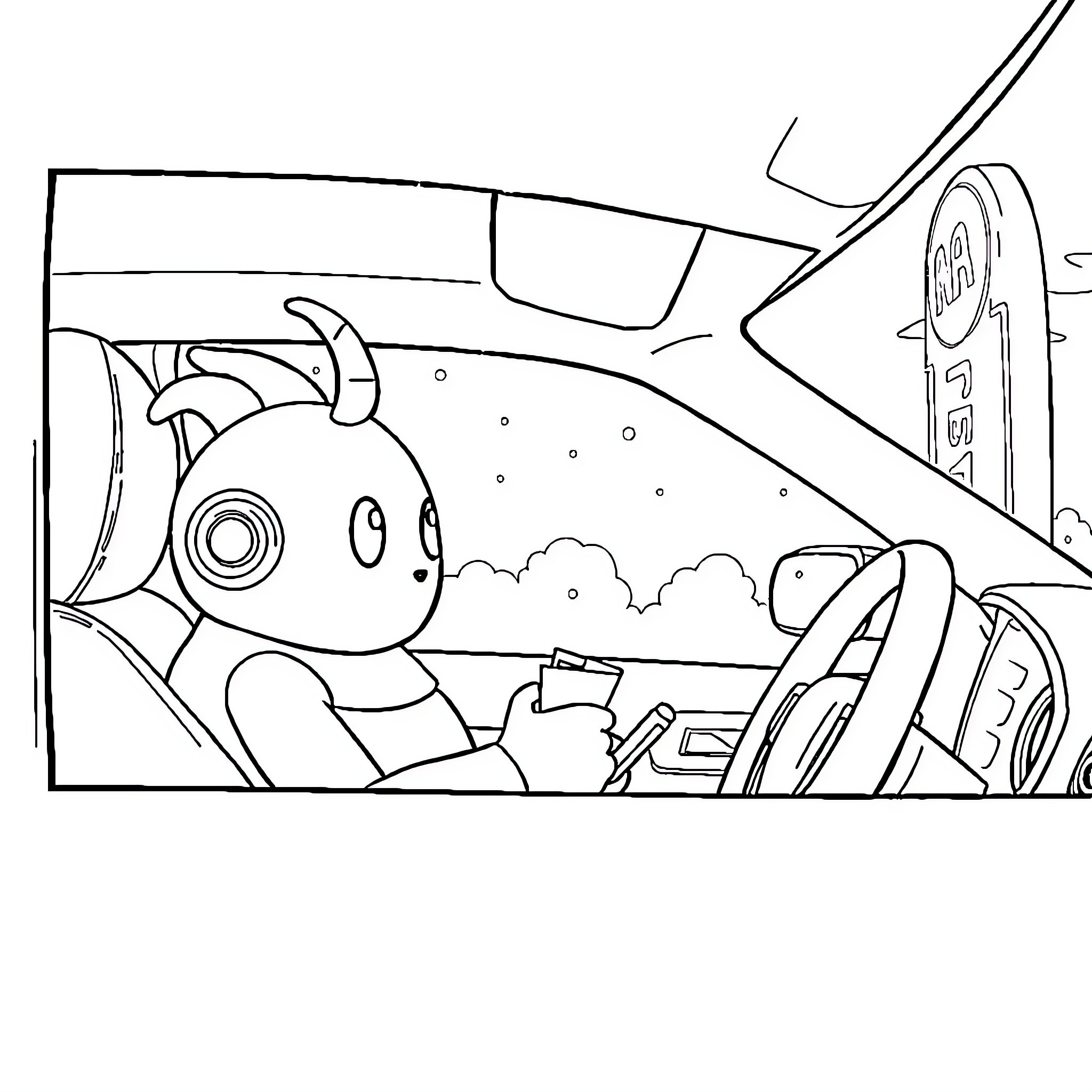 Vessel driving an automobile on the road Coloring Page (free black-and-white line drawing printable PDF for all, from beginners to advanced learners, including children, teens, adults, and seniors)