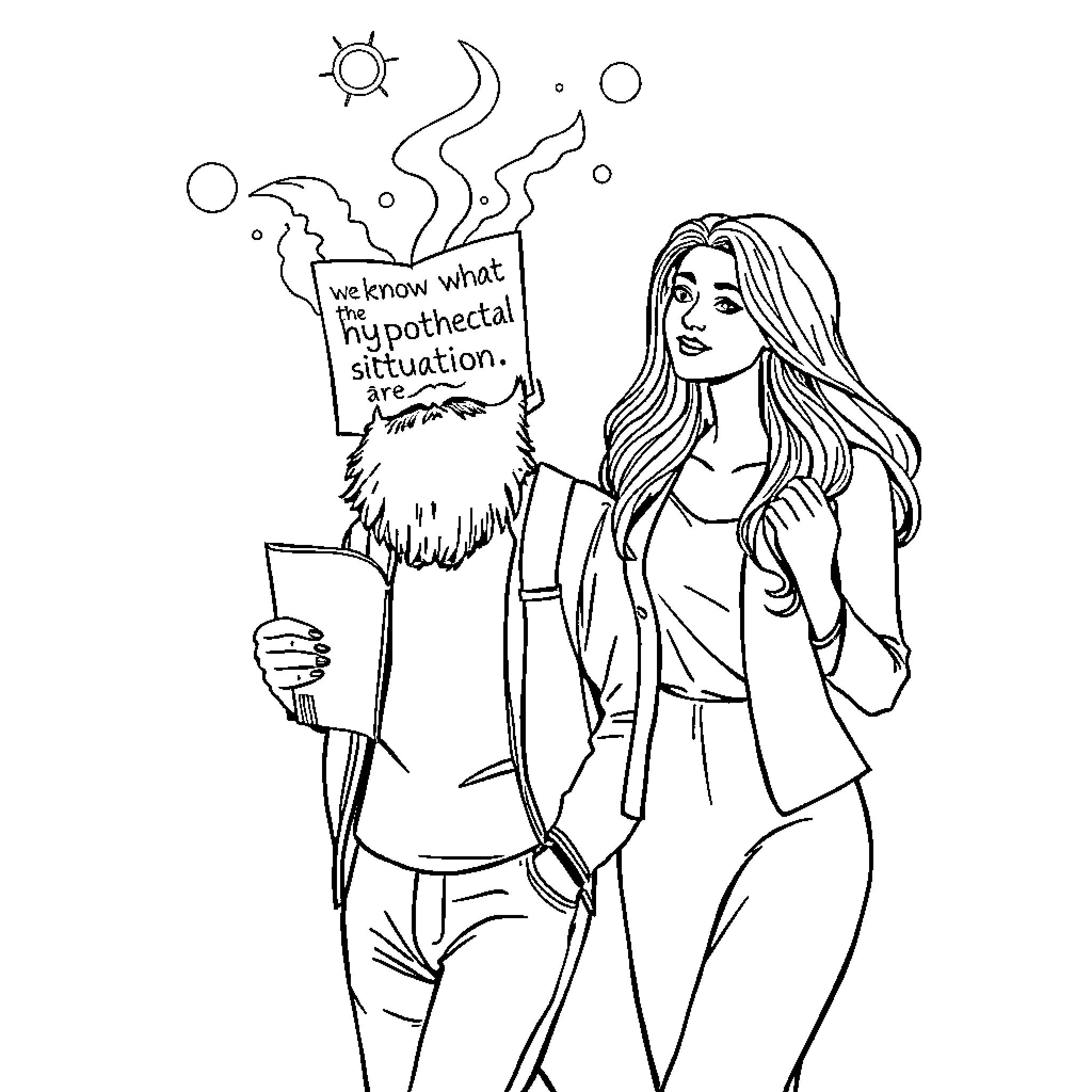 Man holding sign discussing hypothetical situation with woman Coloring Page (free black-and-white line drawing printable PDF for all, from beginners to advanced learners, including children, teens, adults, and seniors)