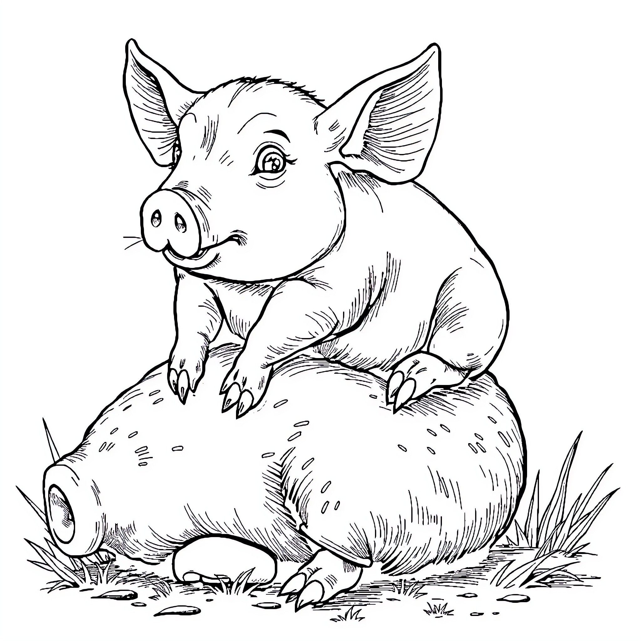 Cochon playing mischievously in the field Coloring Page (free black-and-white line drawing printable PDF for all, from beginners to advanced learners, including children, teens, adults, and seniors)
