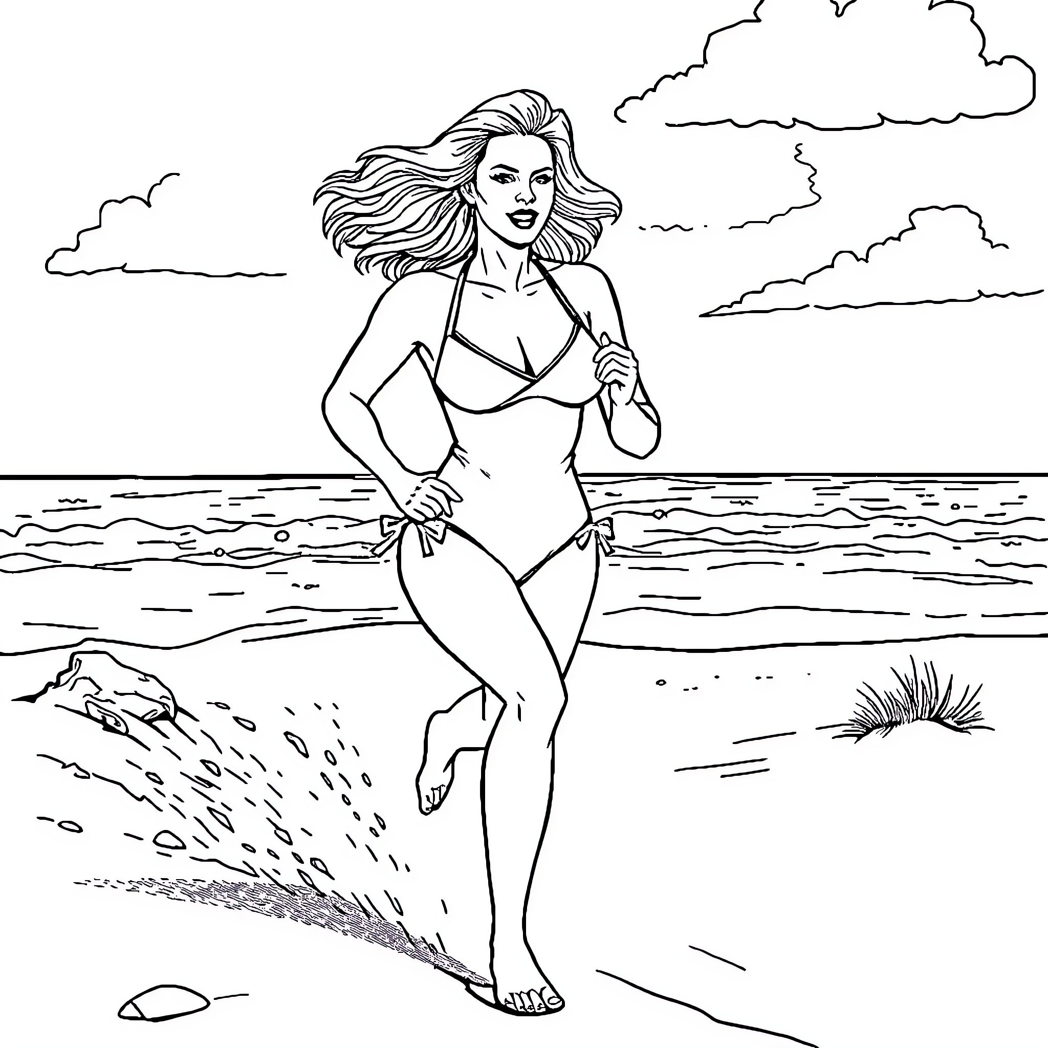 Pamela Anderson in a bikini strolling on the beach Coloring Page (free black-and-white line drawing printable PDF for all, from beginners to advanced learners, including children, teens, adults, and seniors)