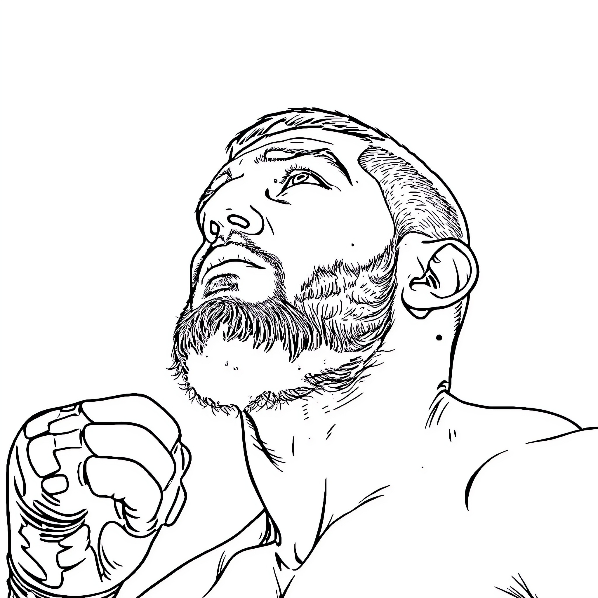 Khabib Nurmagomedov in intense fighting stance Coloring Page (free black-and-white line drawing printable PDF for all, from beginners to advanced learners, including children, teens, adults, and seniors)