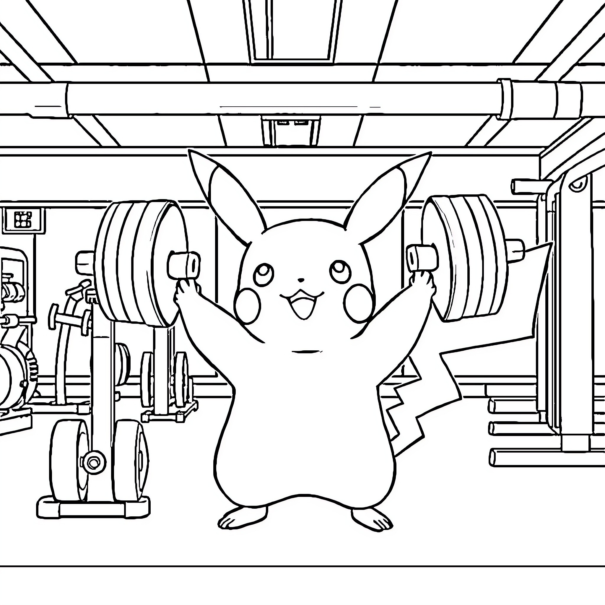 Pikachu exercising in the gym Coloring Page (free black-and-white line drawing printable PDF for all, from beginners to advanced learners, including children, teens, adults, and seniors)