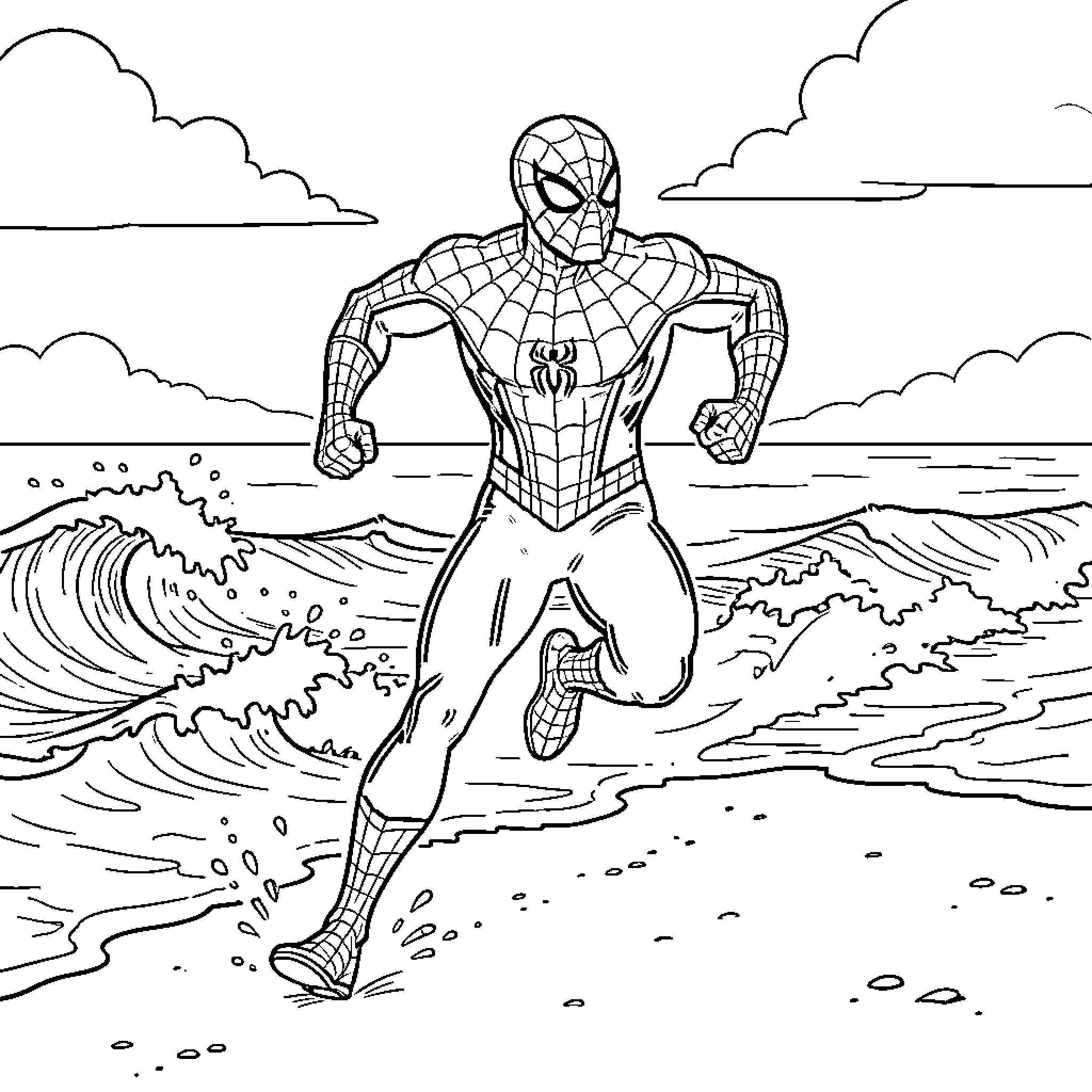 Spiderman running dynamically along the ocean shore Coloring Page (free black-and-white line drawing printable PDF for all, from beginners to advanced learners, including children, teens, adults, and seniors)