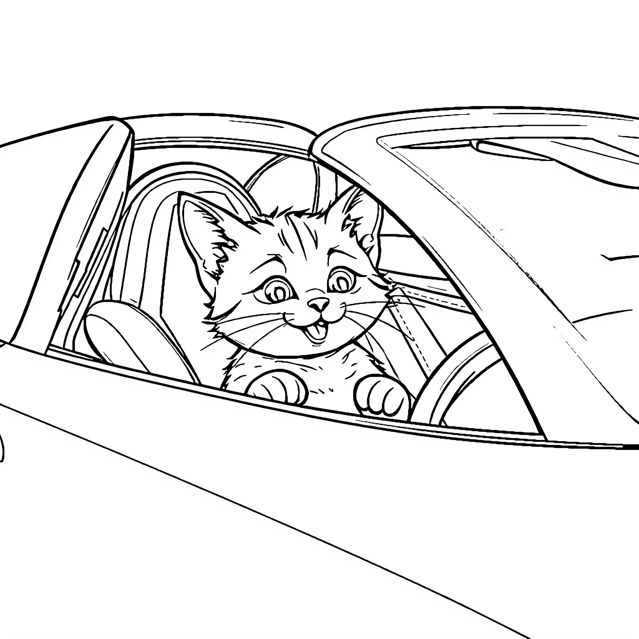 Cat driving a car happily Coloring Page (free black-and-white line drawing printable PDF for all, from beginners to advanced learners, including children, teens, adults, and seniors)