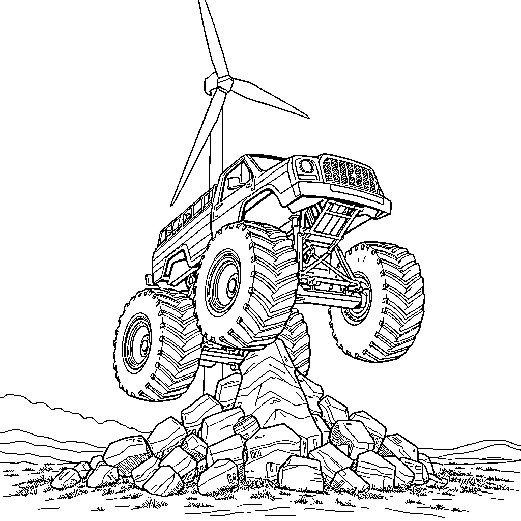 Monster Truck Crushing Rocks and Wind Turbine Coloring Page (free black-and-white line drawing printable PDF for all, from beginners to advanced learners, including children, teens, adults, and seniors)