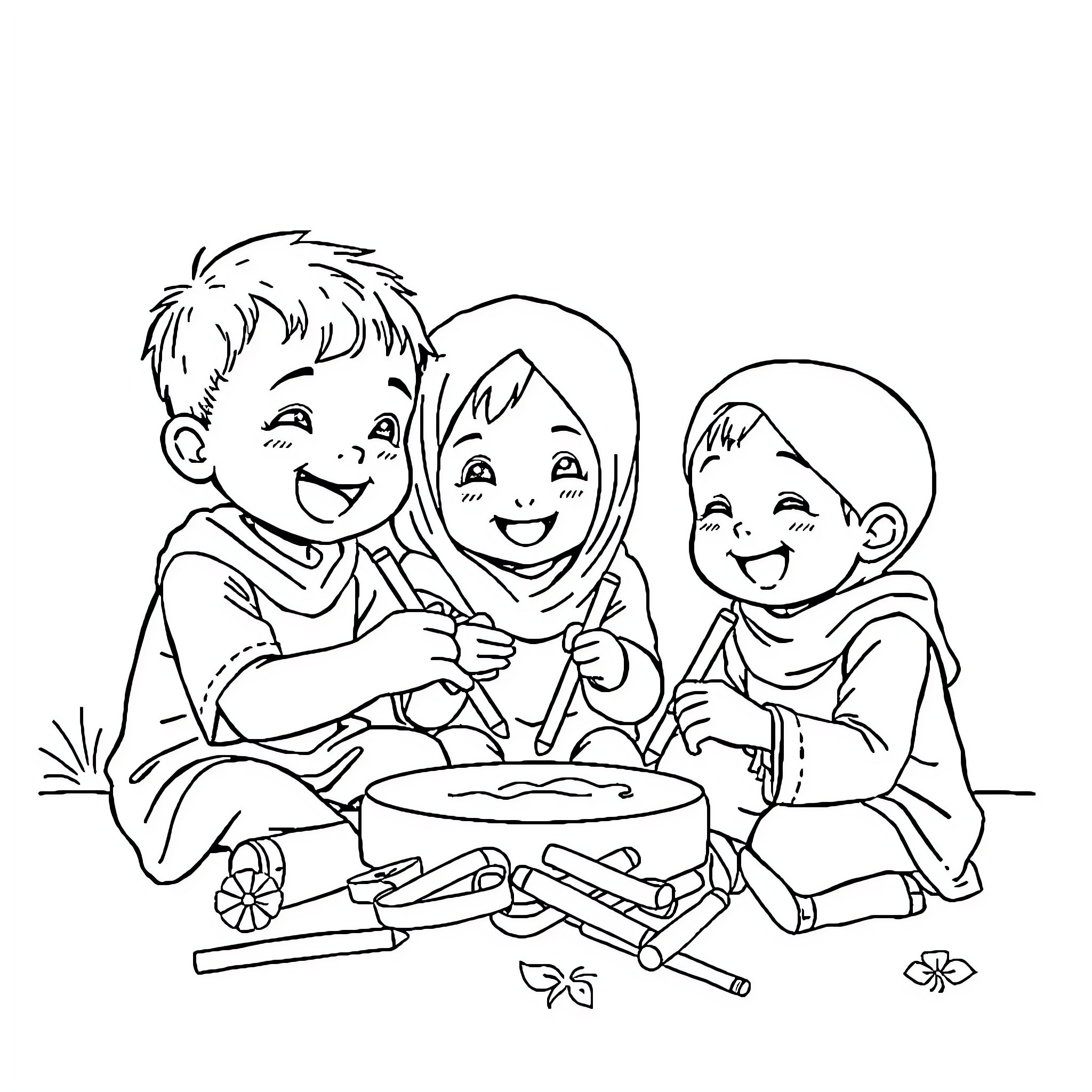 Kids Playing with Toys Together Happily Coloring Page (free black-and-white line drawing printable PDF for all, from beginners to advanced learners, including children, teens, adults, and seniors)