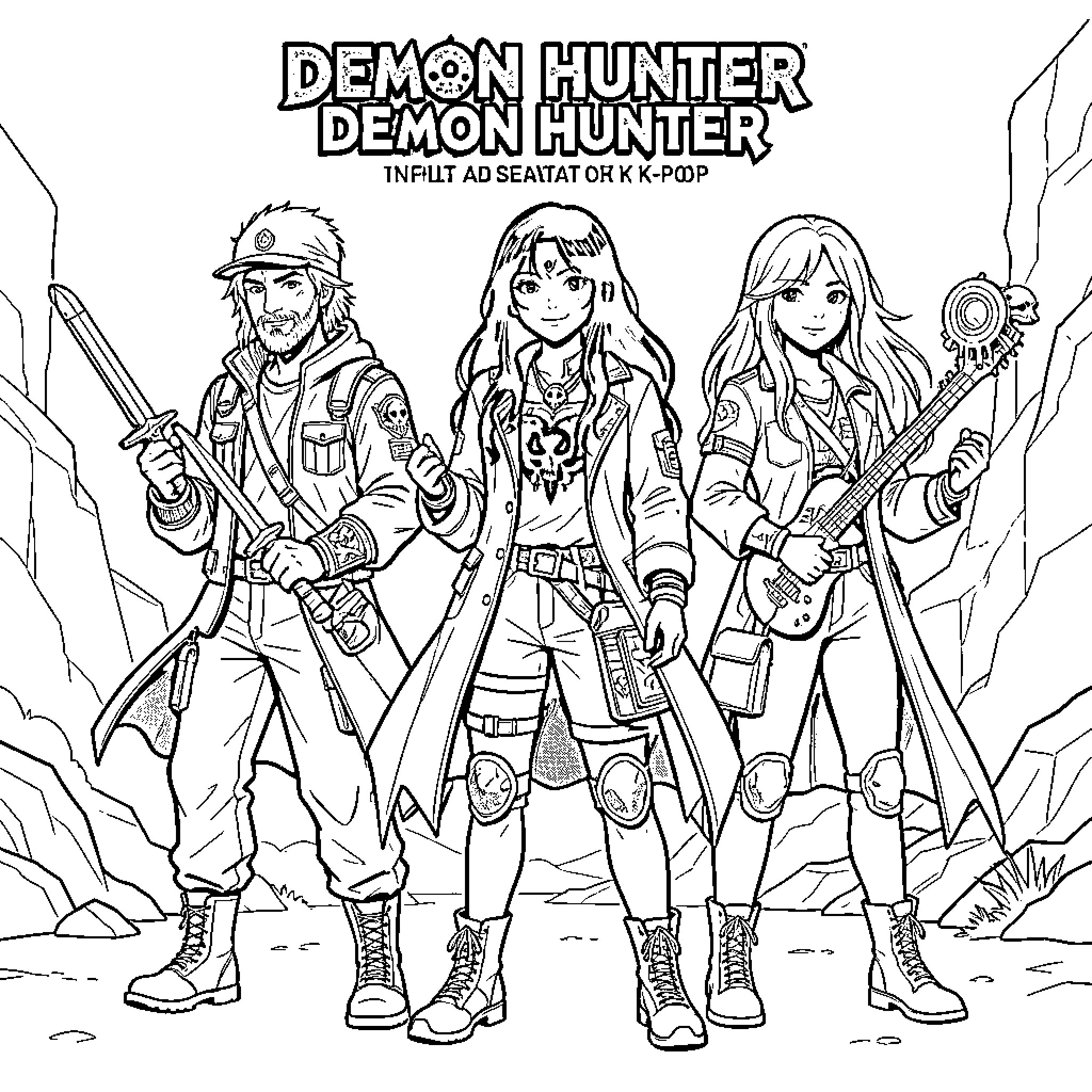 K-POP Demon Hunter trio posing with weapons Coloring Page (free black-and-white line drawing printable PDF for all, from beginners to advanced learners, including children, teens, adults, and seniors)