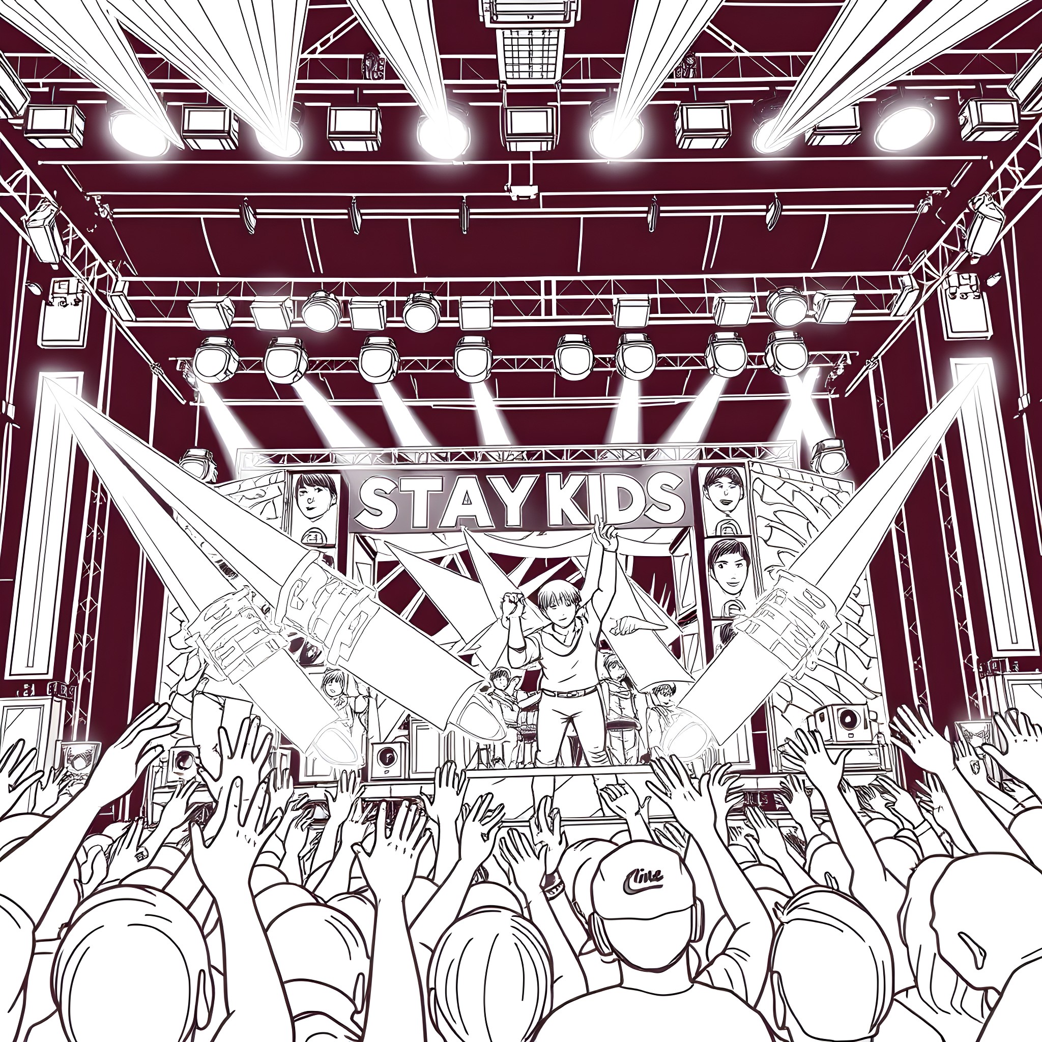 Stray Kids performing on a lively stage Coloring Page (free black-and-white line drawing printable PDF for all, from beginners to advanced learners, including children, teens, adults, and seniors)