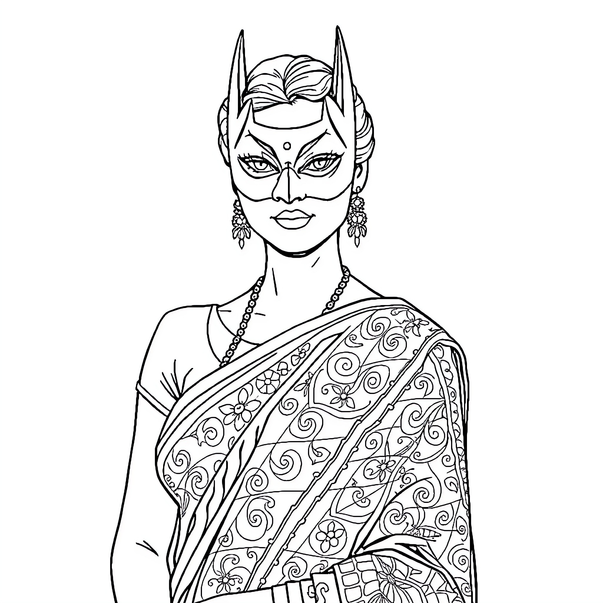 Woman in ornate ethnic garb with headdress Coloring Page (free black-and-white line drawing printable PDF for all, from beginners to advanced learners, including children, teens, adults, and seniors)