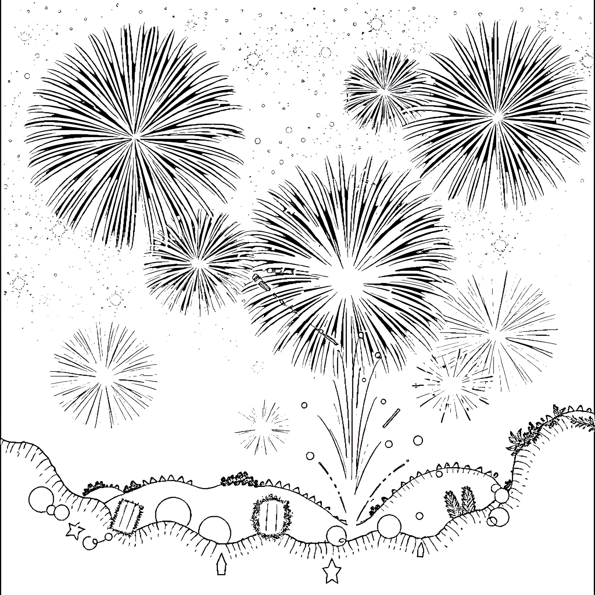 Independence Day Fireworks Display Coloring Page (free black-and-white line drawing printable PDF for all, from beginners to advanced learners, including children, teens, adults, and seniors)