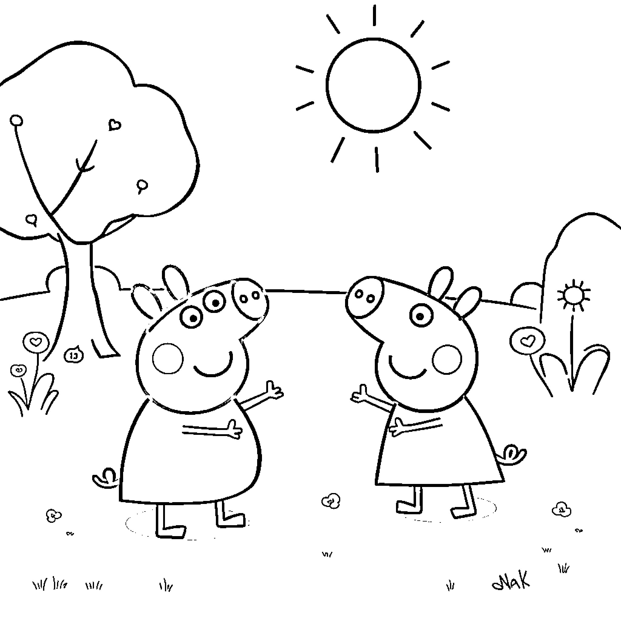 Peppa Pig and friend enjoying a sunny day outdoors Coloring Page (free black-and-white line drawing printable PDF for all, from beginners to advanced learners, including children, teens, adults, and seniors)