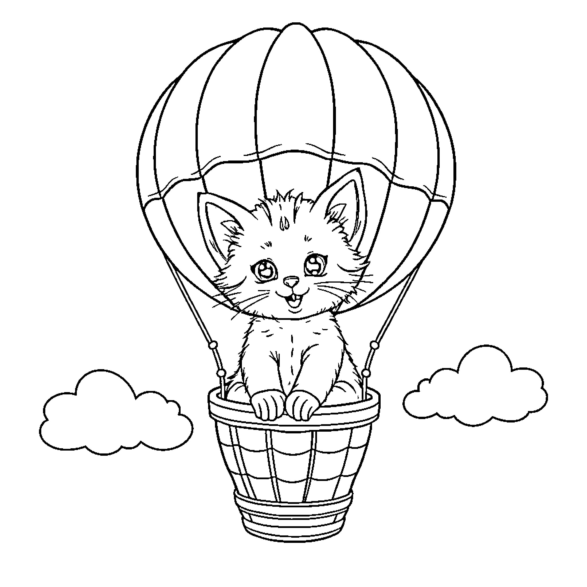 Kitten riding in a hot air balloon Coloring Page (free black-and-white line drawing printable PDF for all, from beginners to advanced learners, including children, teens, adults, and seniors)