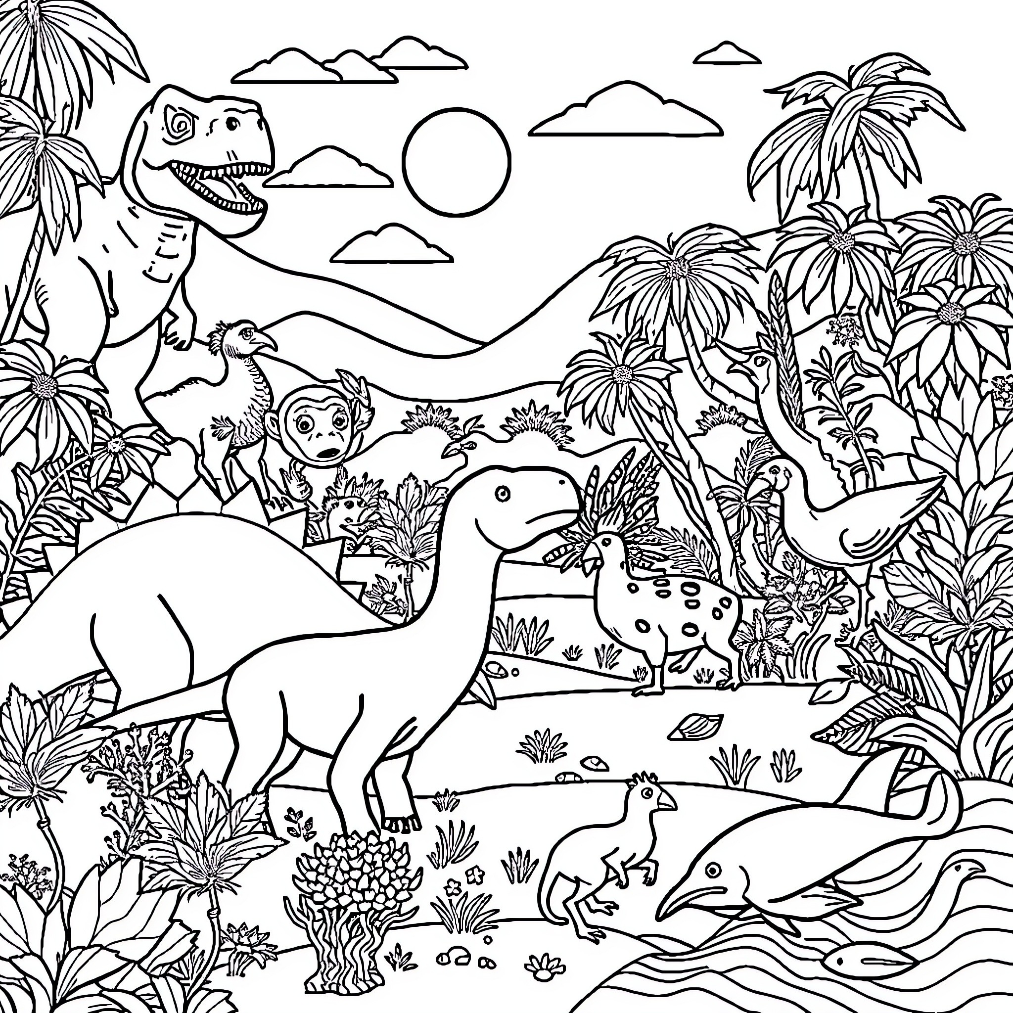 Animal Prehistoric Creatures in Lush Nature Landscape Coloring Page (free black-and-white line drawing printable PDF for all, from beginners to advanced learners, including children, teens, adults, and seniors)