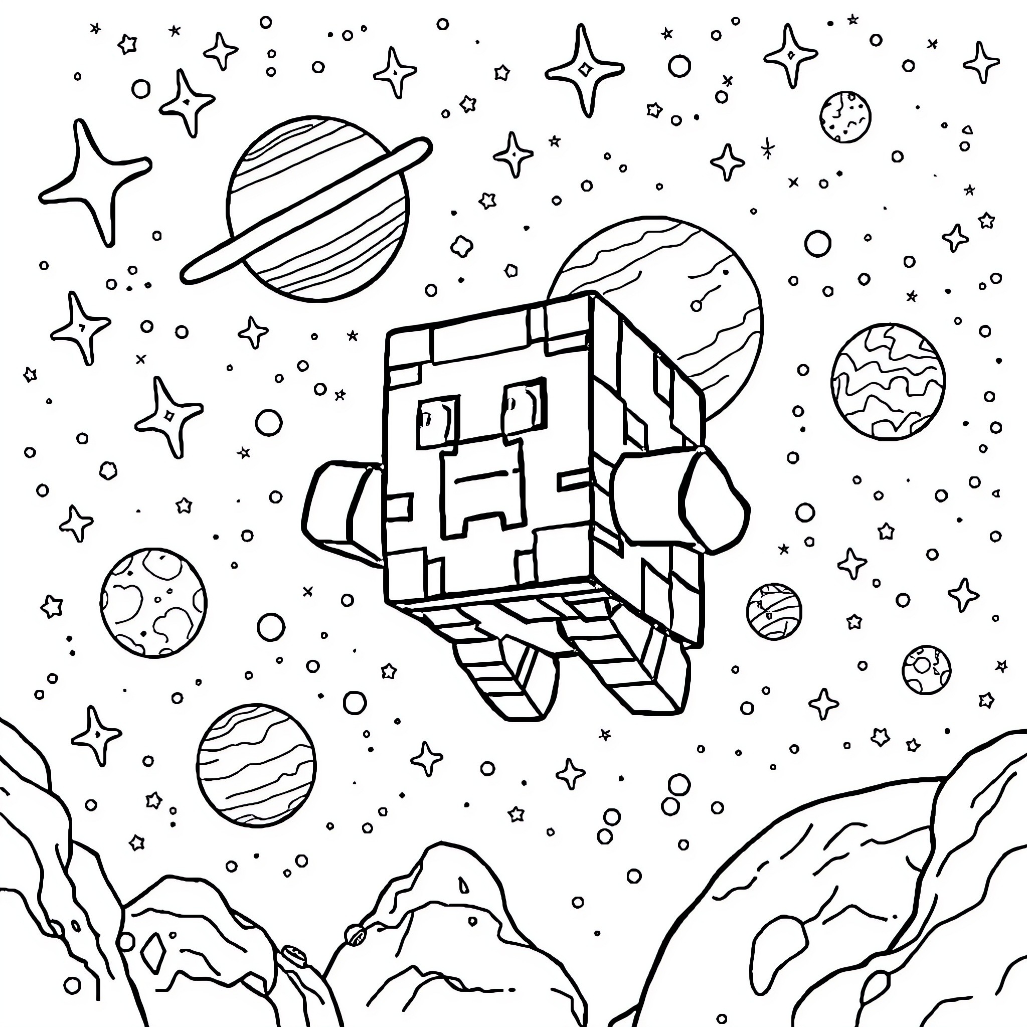 Minecraft Mob exploring the cosmic space Coloring Page (free black-and-white line drawing printable PDF for all, from beginners to advanced learners, including children, teens, adults, and seniors)